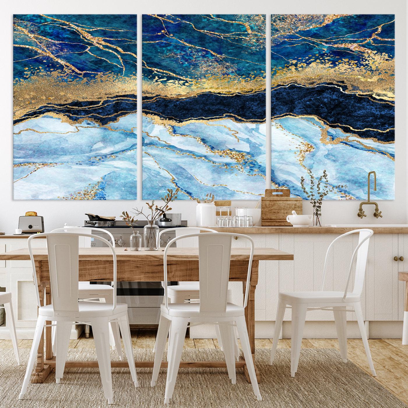 52988-MGV-CV-36X24-Abstract Blue and Gold Marble Canvas Print | 3-Panel Art for Living Room | Large Wall Decor