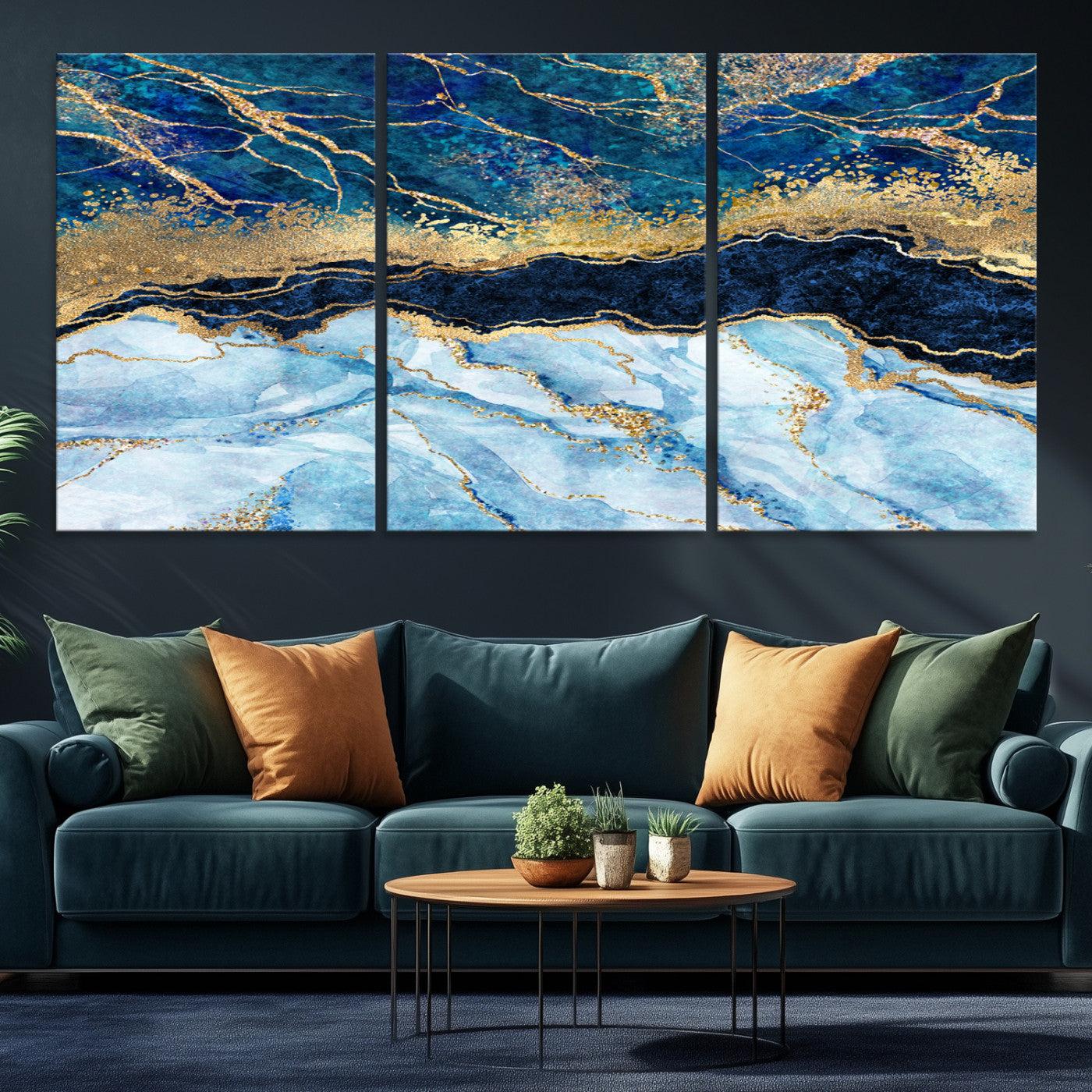 52988-MGV-CV-36X24-Abstract Blue and Gold Marble Canvas Print | 3-Panel Art for Living Room | Large Wall Decor