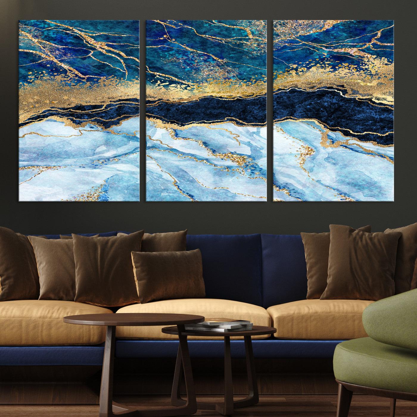 52988-MGV-CV-36X24-Abstract Blue and Gold Marble Canvas Print | 3-Panel Art for Living Room | Large Wall Decor