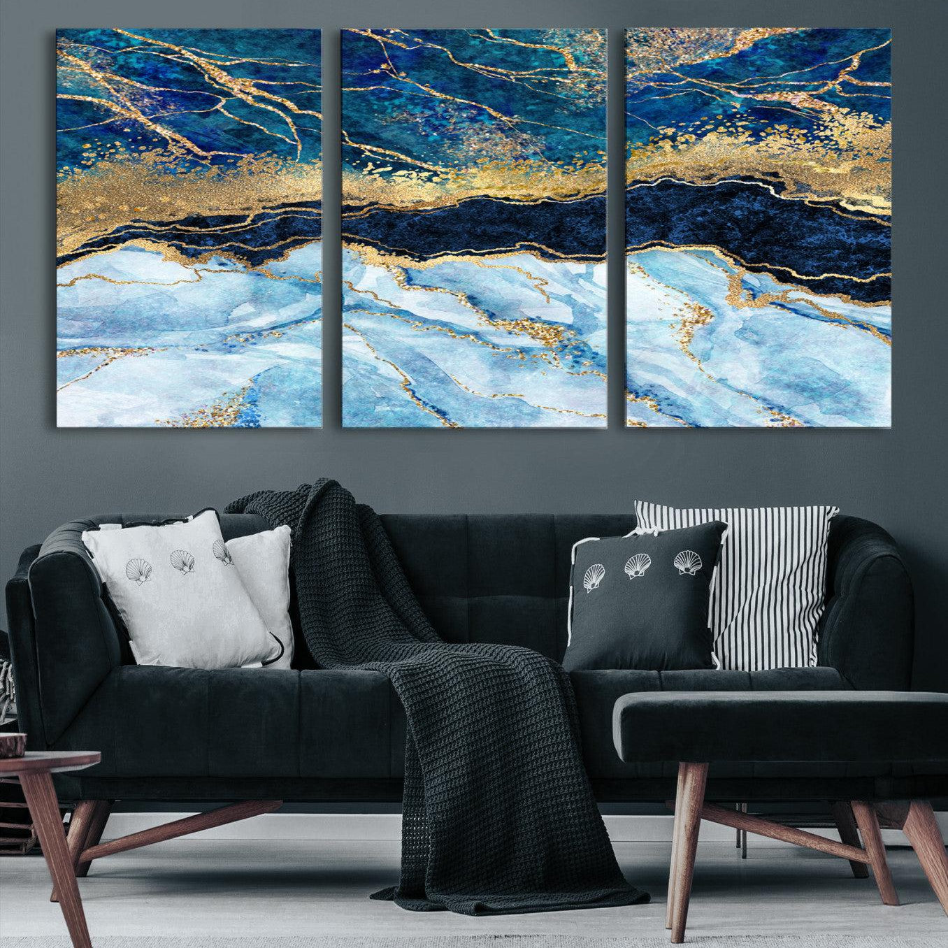 52988-MGV-CV-36X24-Abstract Blue and Gold Marble Canvas Print | 3-Panel Art for Living Room | Large Wall Decor