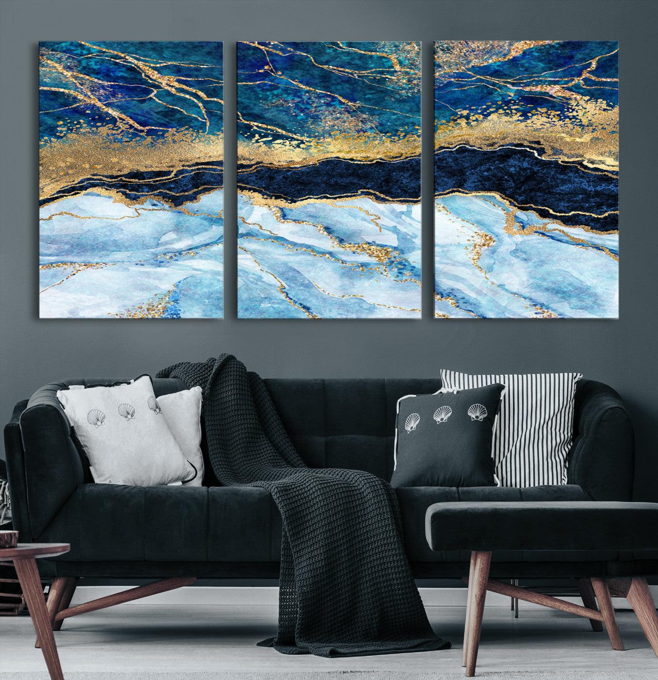 52988-MGV-CV-36X24-Abstract Blue and Gold Marble Canvas Print | 3-Panel Art for Living Room | Large Wall Decor