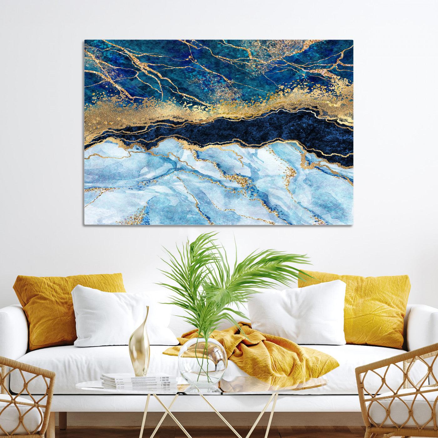 52988-MGV-CV-36X24-Abstract Blue and Gold Marble Canvas Print | 3-Panel Art for Living Room | Large Wall Decor