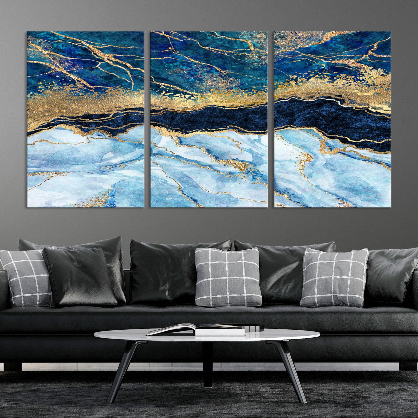 52988-MGV-CV-36X24-Abstract Blue and Gold Marble Canvas Print | 3-Panel Art for Living Room | Large Wall Decor