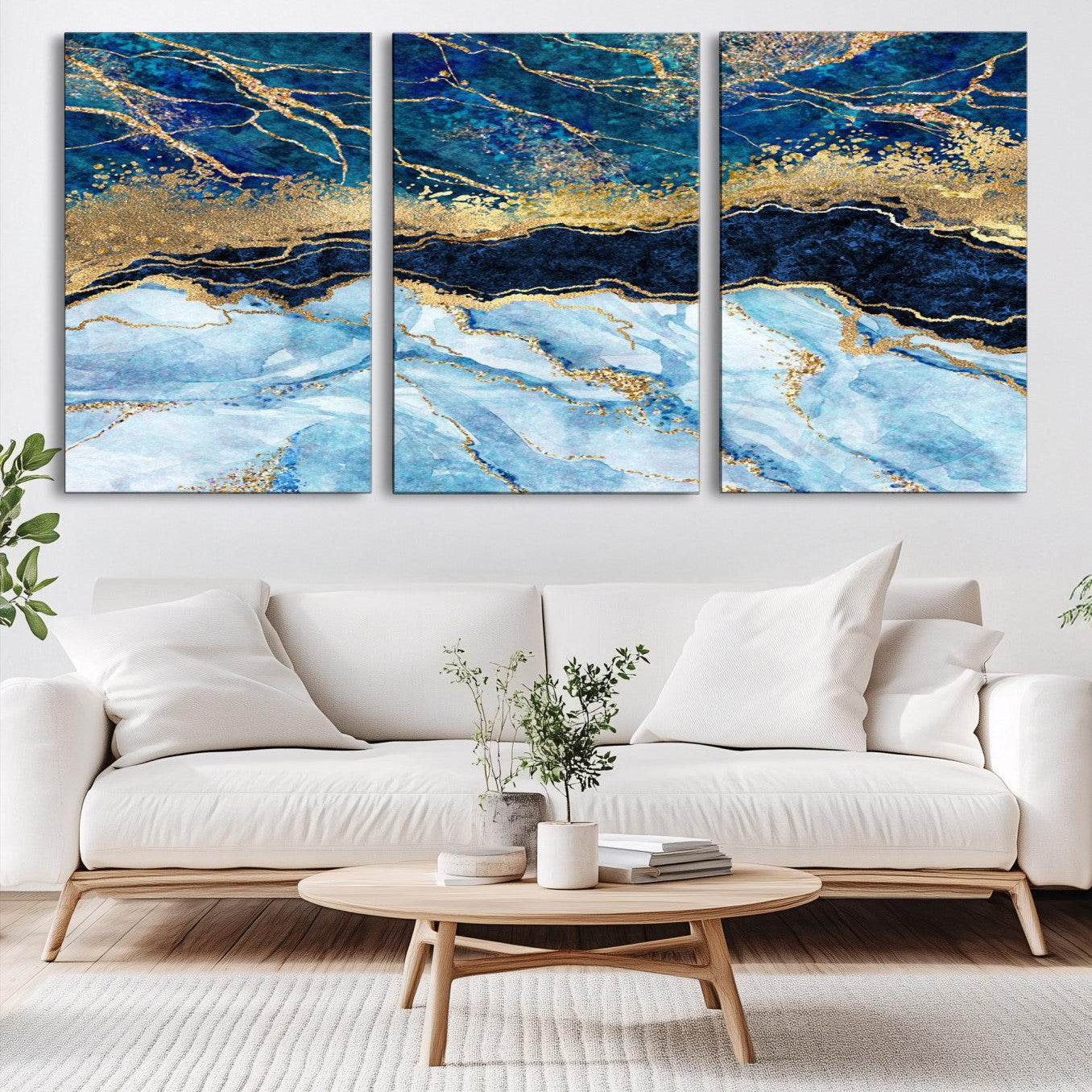 52988-MGV-CV-36X24-Abstract Blue and Gold Marble Canvas Print | 3-Panel Art for Living Room | Large Wall Decor