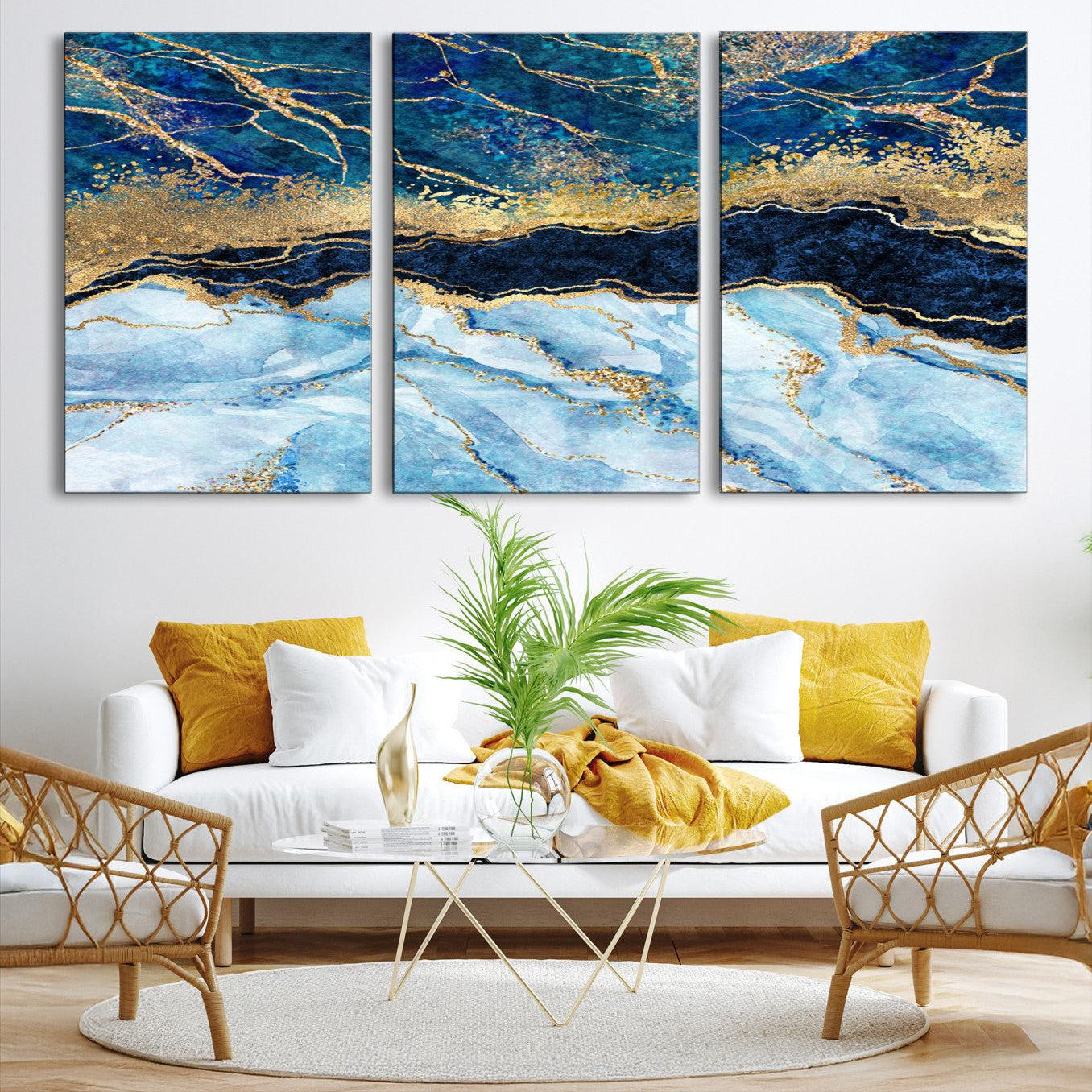 52988-MGV-CV-36X24-Abstract Blue and Gold Marble Canvas Print | 3-Panel Art for Living Room | Large Wall Decor