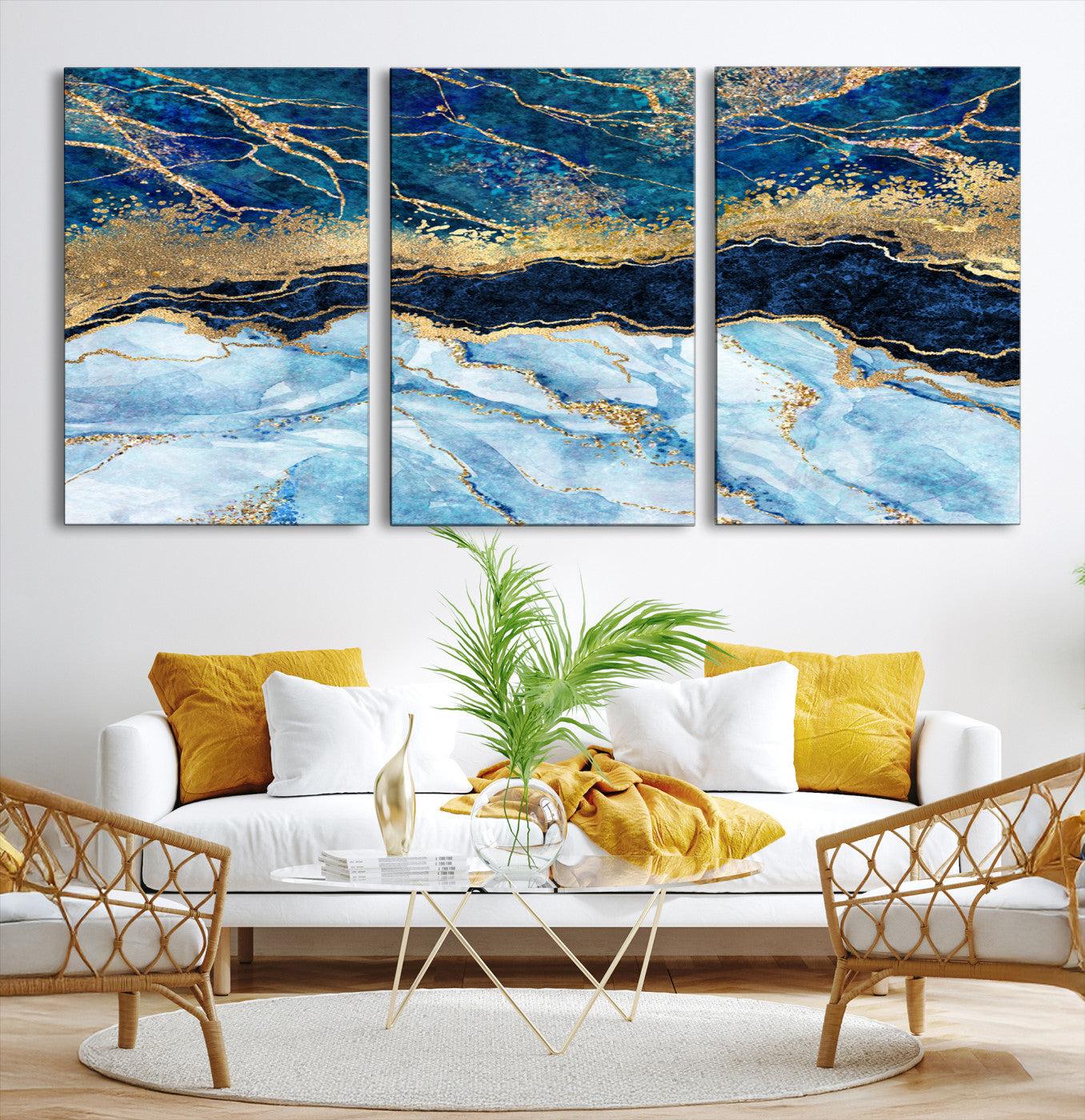 52988-MGV-CV-36X24-Abstract Blue and Gold Marble Canvas Print | 3-Panel Art for Living Room | Large Wall Decor