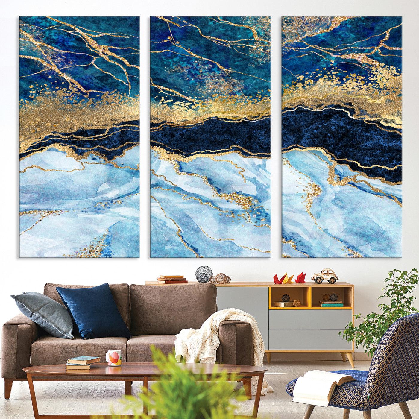 52988-MGV-CV-36X24-Abstract Blue and Gold Marble Canvas Print | 3-Panel Art for Living Room | Large Wall Decor