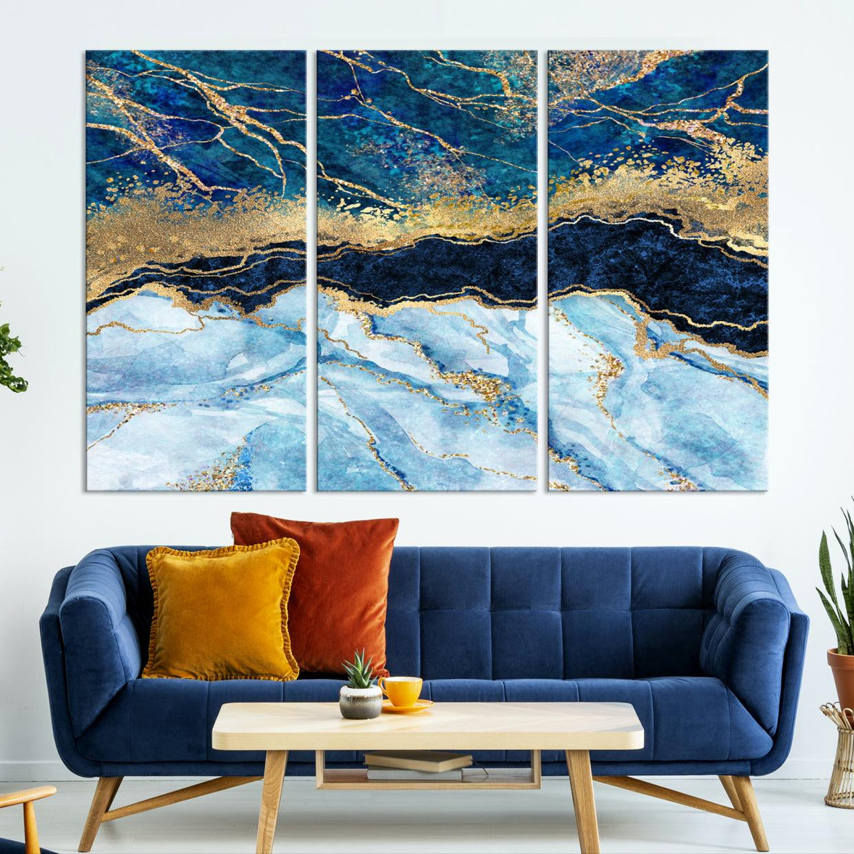 52988-MGV-CV-36X24-Abstract Blue and Gold Marble Canvas Print | 3-Panel Art for Living Room | Large Wall Decor