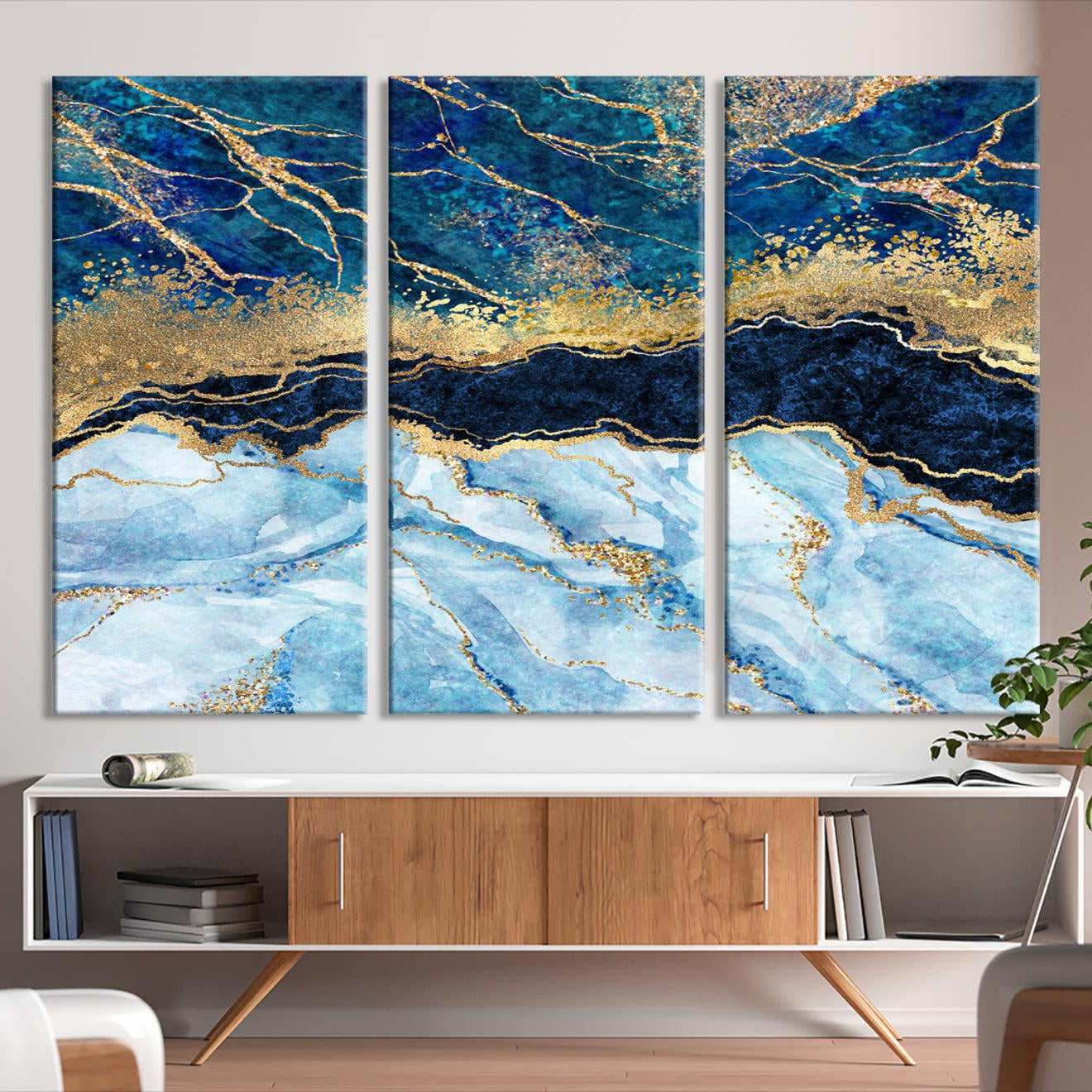 52988-MGV-CV-36X24-Abstract Blue and Gold Marble Canvas Print | 3-Panel Art for Living Room | Large Wall Decor