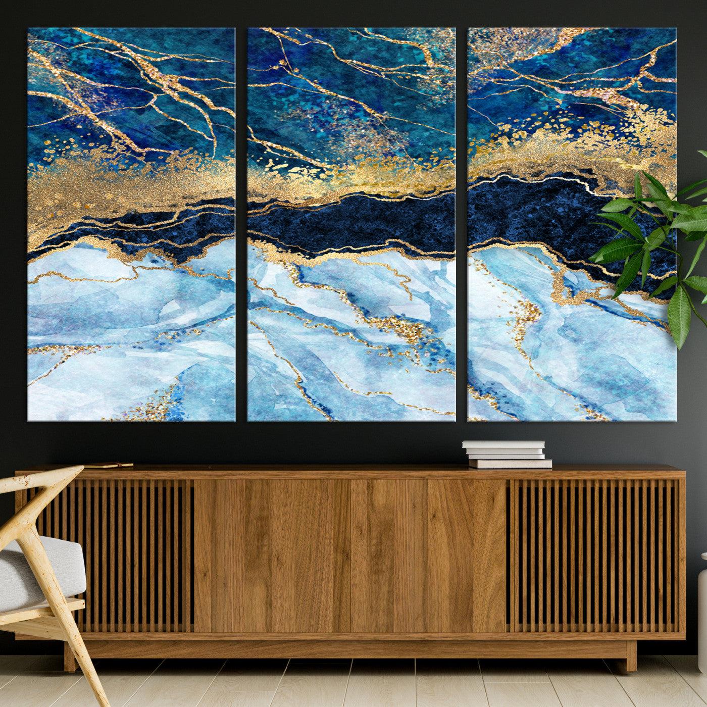 52988-MGV-CV-36X24-Abstract Blue and Gold Marble Canvas Print | 3-Panel Art for Living Room | Large Wall Decor