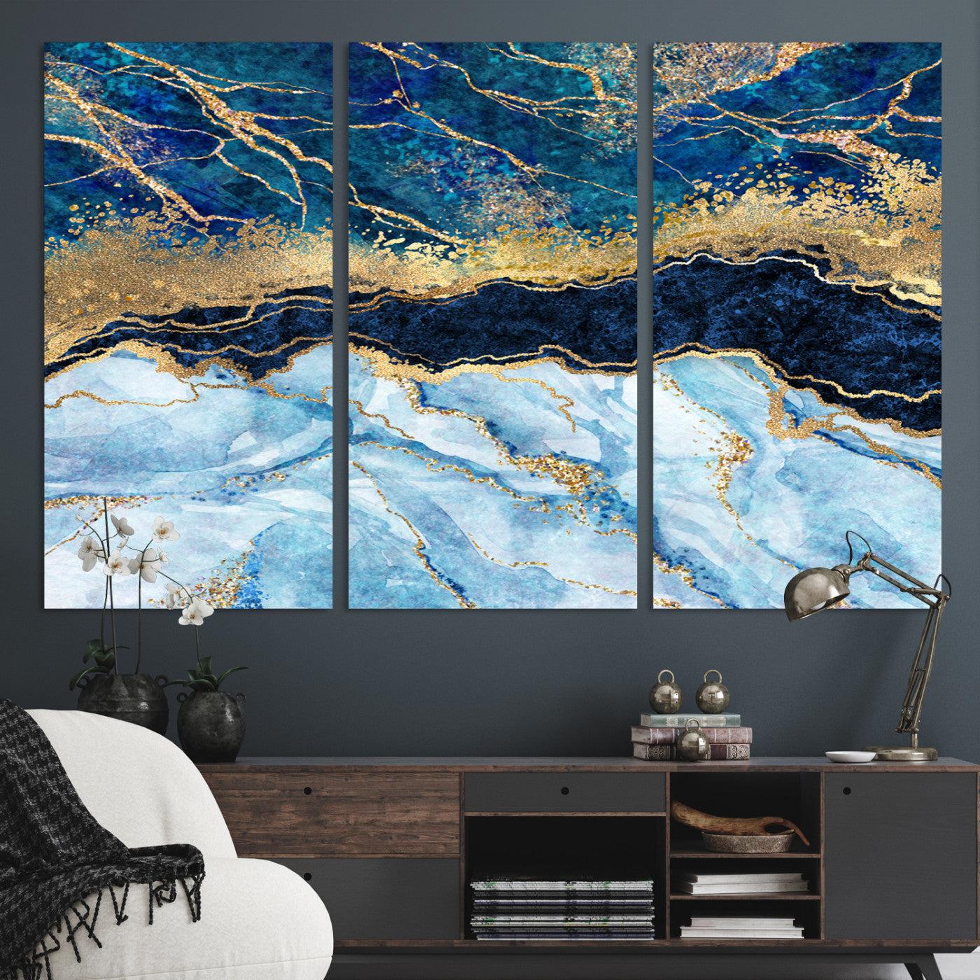 52988-MGV-CV-36X24-Abstract Blue and Gold Marble Canvas Print | 3-Panel Art for Living Room | Large Wall Decor