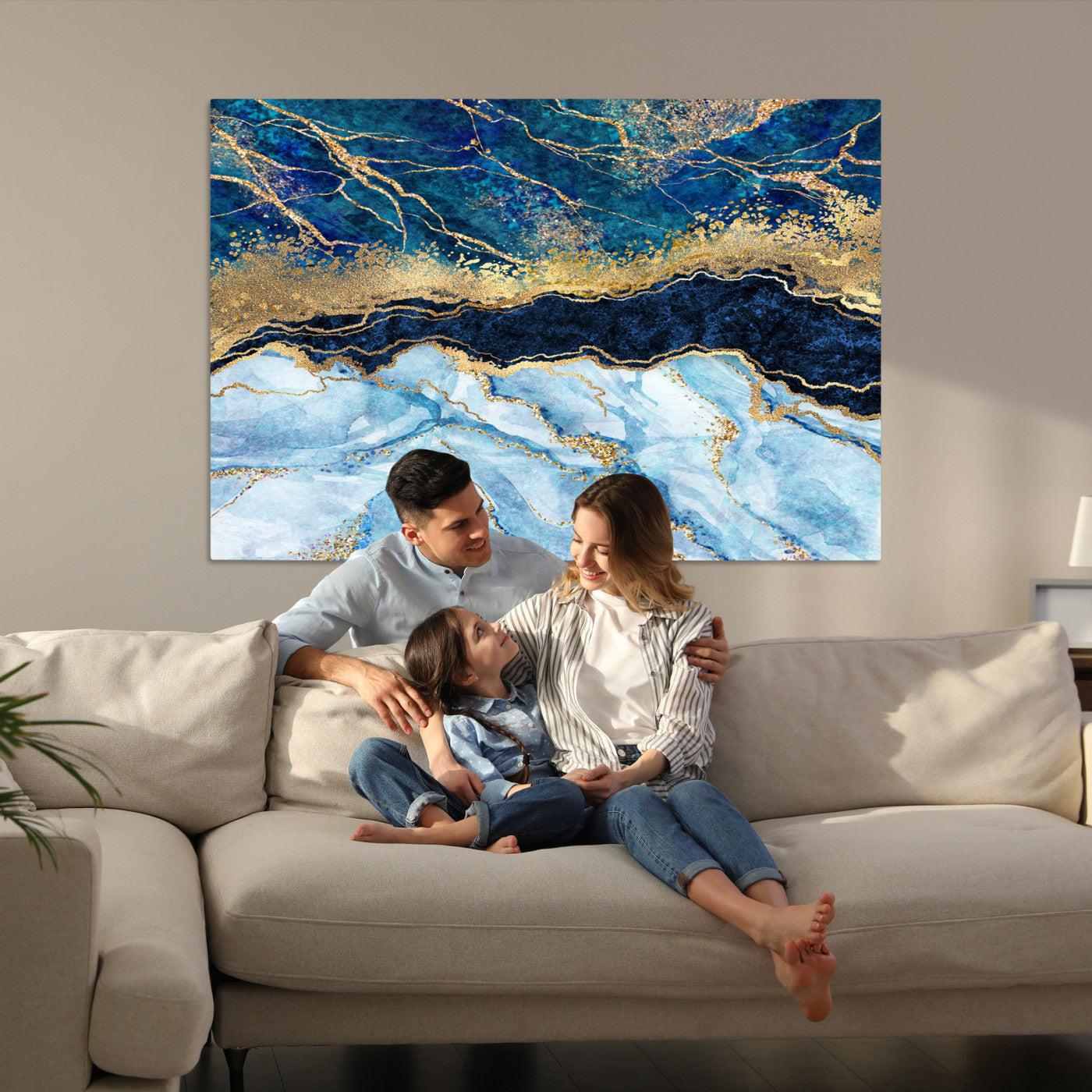 52988-MGV-CV-36X24-Abstract Blue and Gold Marble Canvas Print | 3-Panel Art for Living Room | Large Wall Decor