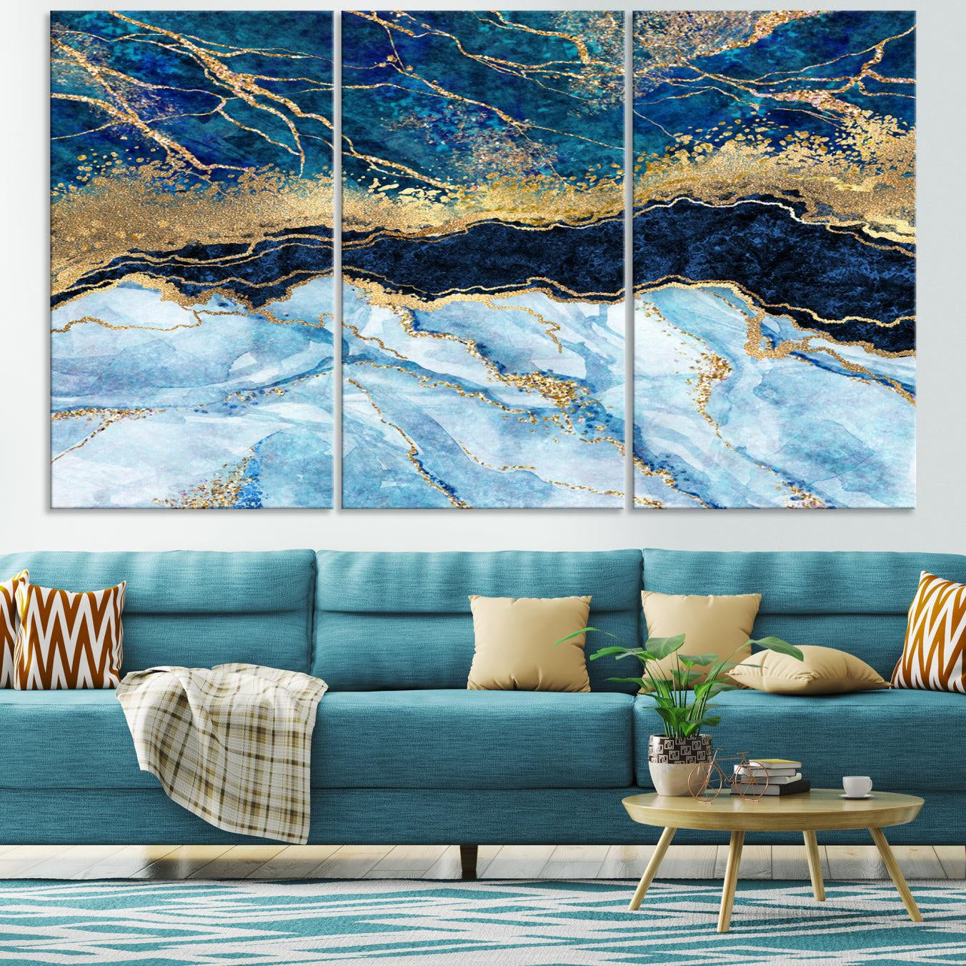 52988-MGV-CV-36X24-Abstract Blue and Gold Marble Canvas Print | 3-Panel Art for Living Room | Large Wall Decor