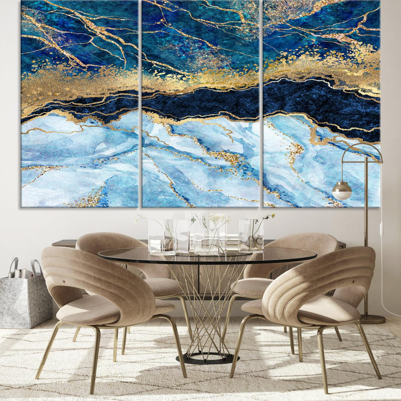52988-MGV-CV-36X24-Abstract Blue and Gold Marble Canvas Print | 3-Panel Art for Living Room | Large Wall Decor