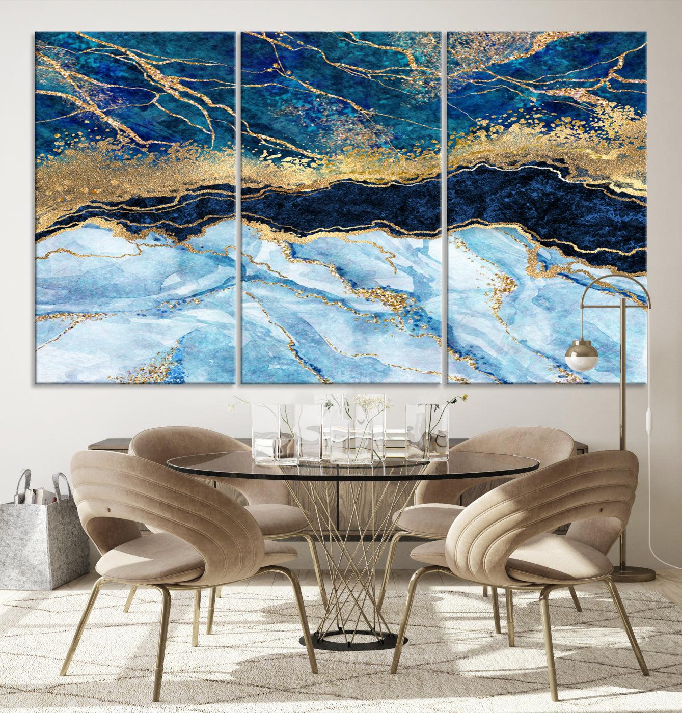 52988-MGV-CV-36X24-Abstract Blue and Gold Marble Canvas Print | 3-Panel Art for Living Room | Large Wall Decor