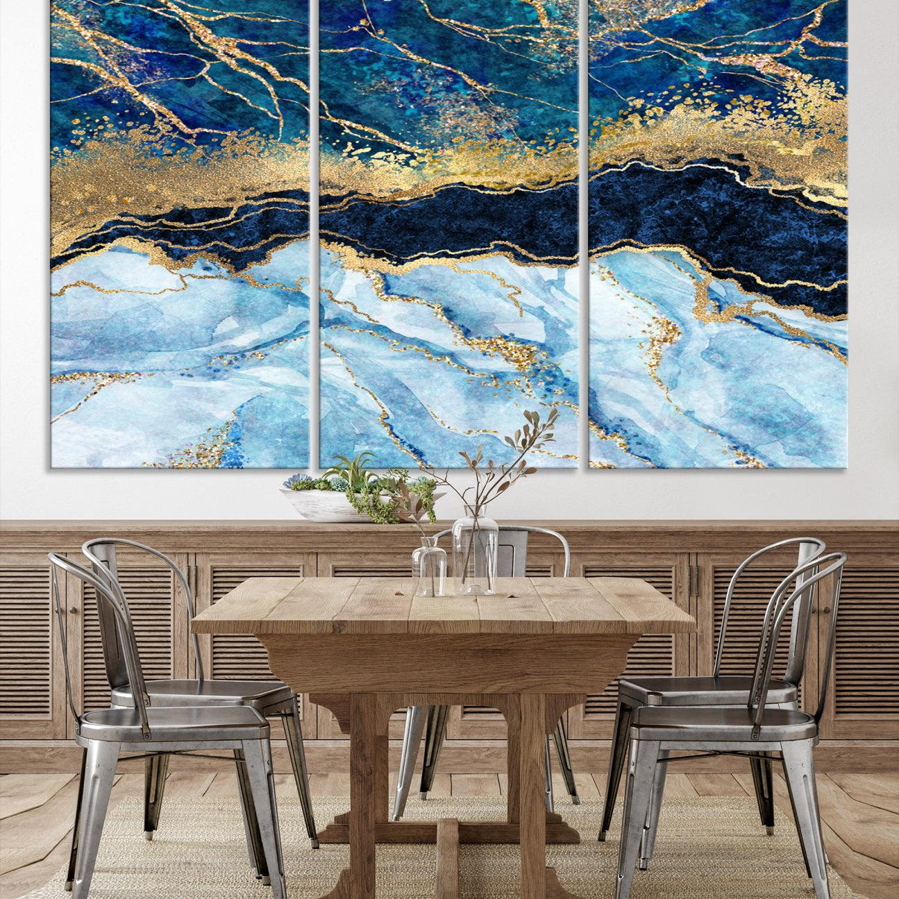 52988-MGV-CV-36X24-Abstract Blue and Gold Marble Canvas Print | 3-Panel Art for Living Room | Large Wall Decor