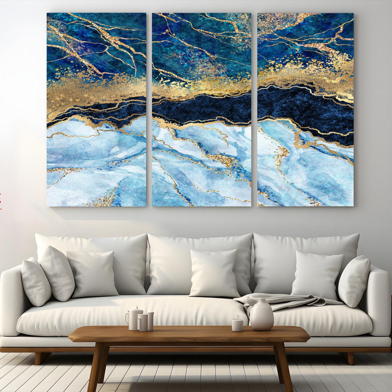 52988-MGV-CV-36X24-Abstract Blue and Gold Marble Canvas Print | 3-Panel Art for Living Room | Large Wall Decor