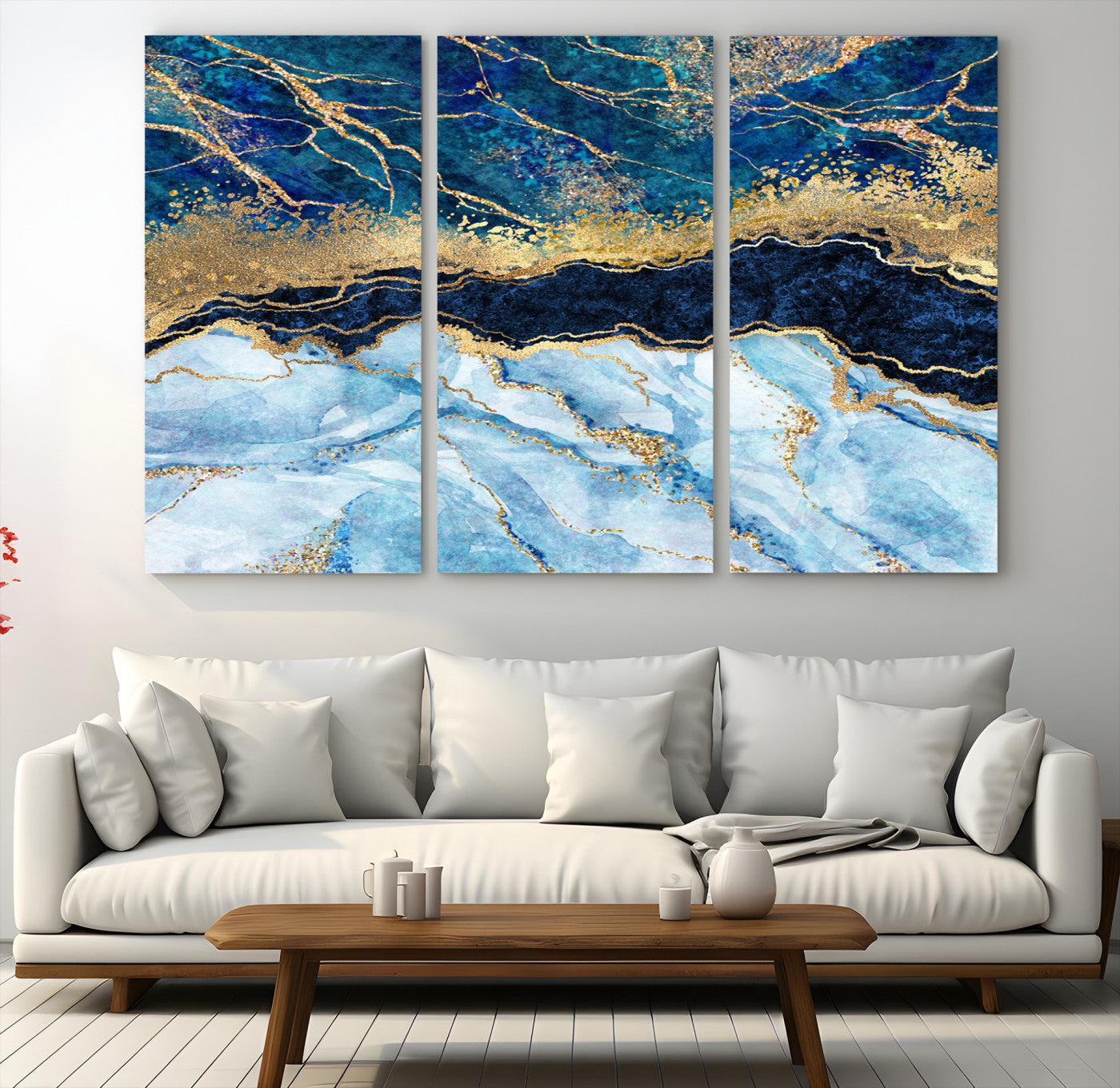 52988-MGV-CV-36X24-Abstract Blue and Gold Marble Canvas Print | 3-Panel Art for Living Room | Large Wall Decor