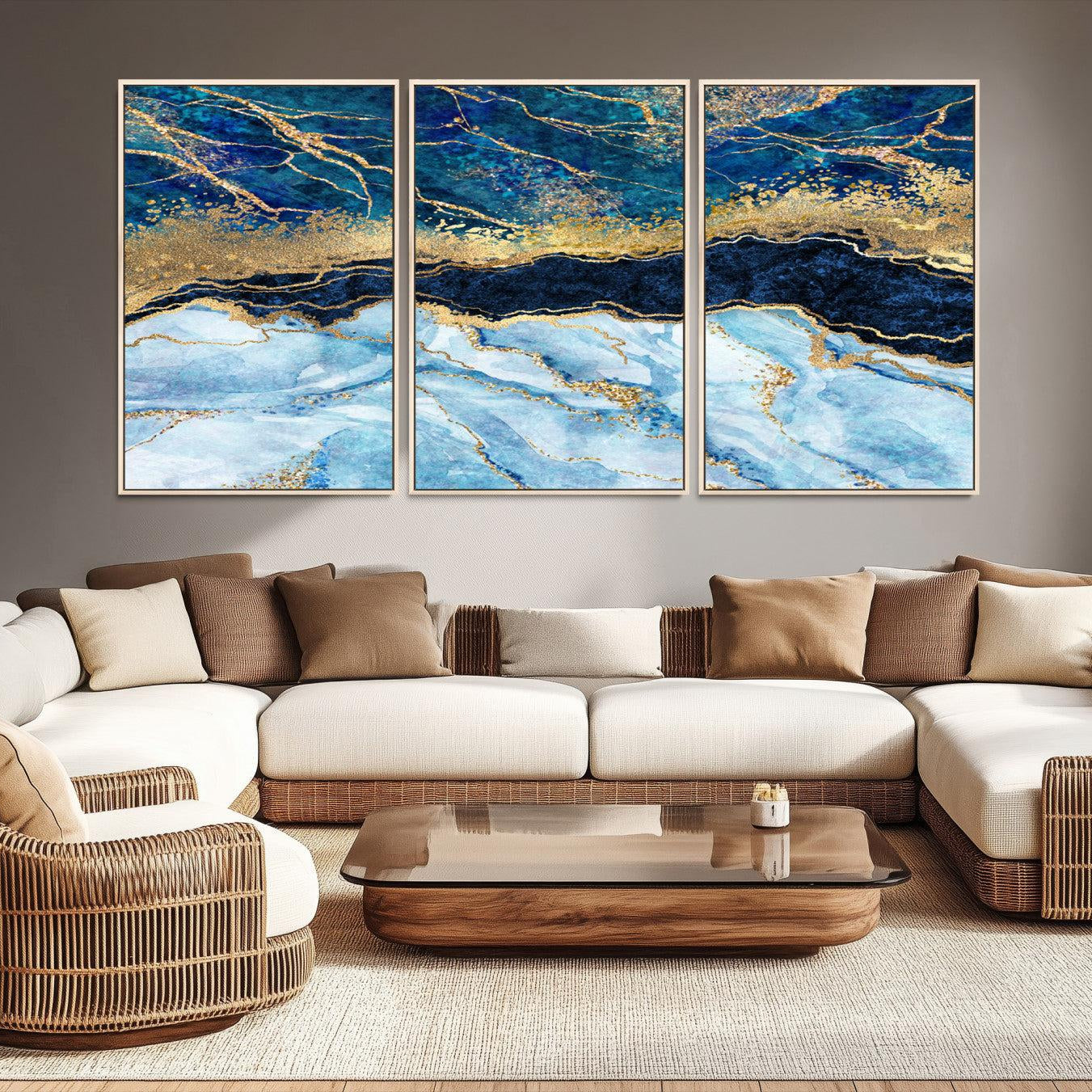 52988-MGV-CV-36X24-Abstract Blue and Gold Marble Canvas Print | 3-Panel Art for Living Room | Large Wall Decor