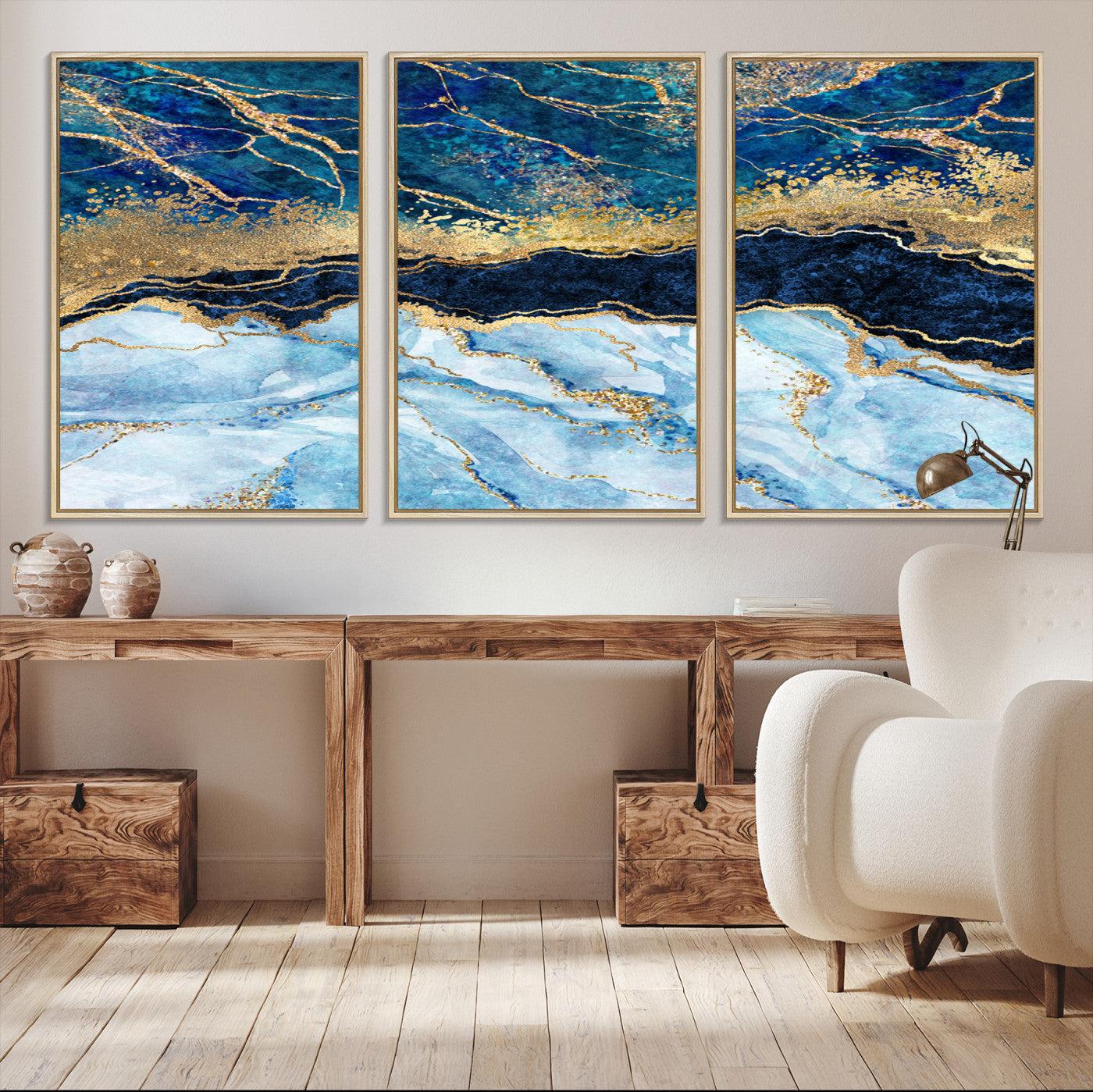 52988-MGV-CV-36X24-Abstract Blue and Gold Marble Canvas Print | 3-Panel Art for Living Room | Large Wall Decor