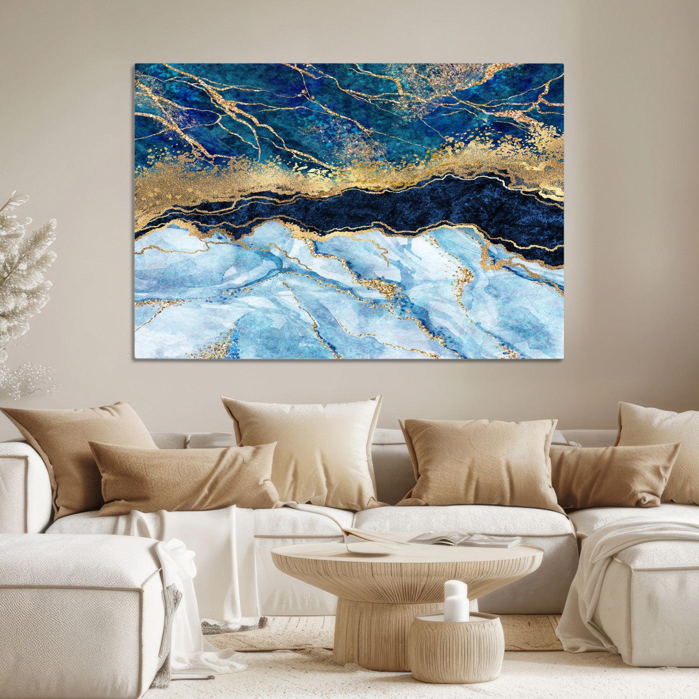 52988-MGV-CV-36X24-Abstract Blue and Gold Marble Canvas Print | 3-Panel Art for Living Room | Large Wall Decor