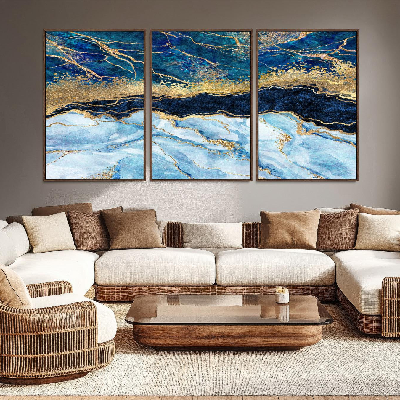 52988-MGV-CV-36X24-Abstract Blue and Gold Marble Canvas Print | 3-Panel Art for Living Room | Large Wall Decor