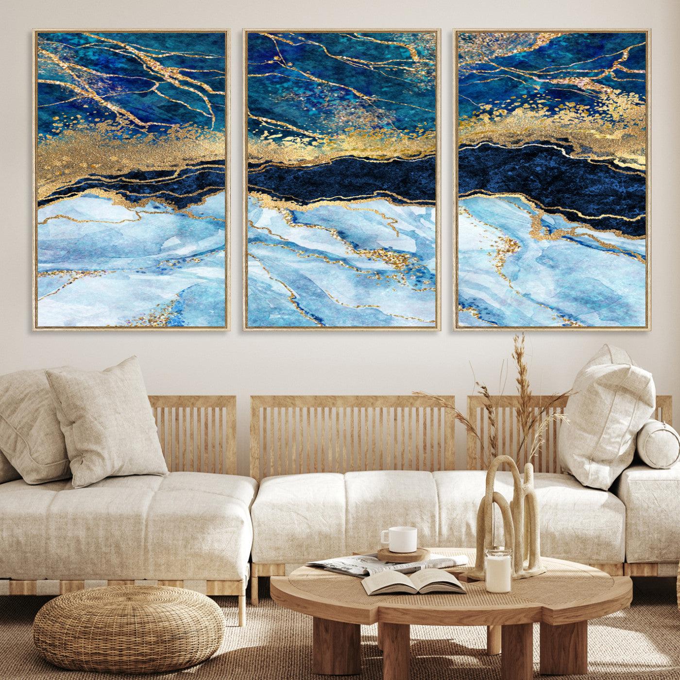 52988-MGV-CV-36X24-Abstract Blue and Gold Marble Canvas Print | 3-Panel Art for Living Room | Large Wall Decor