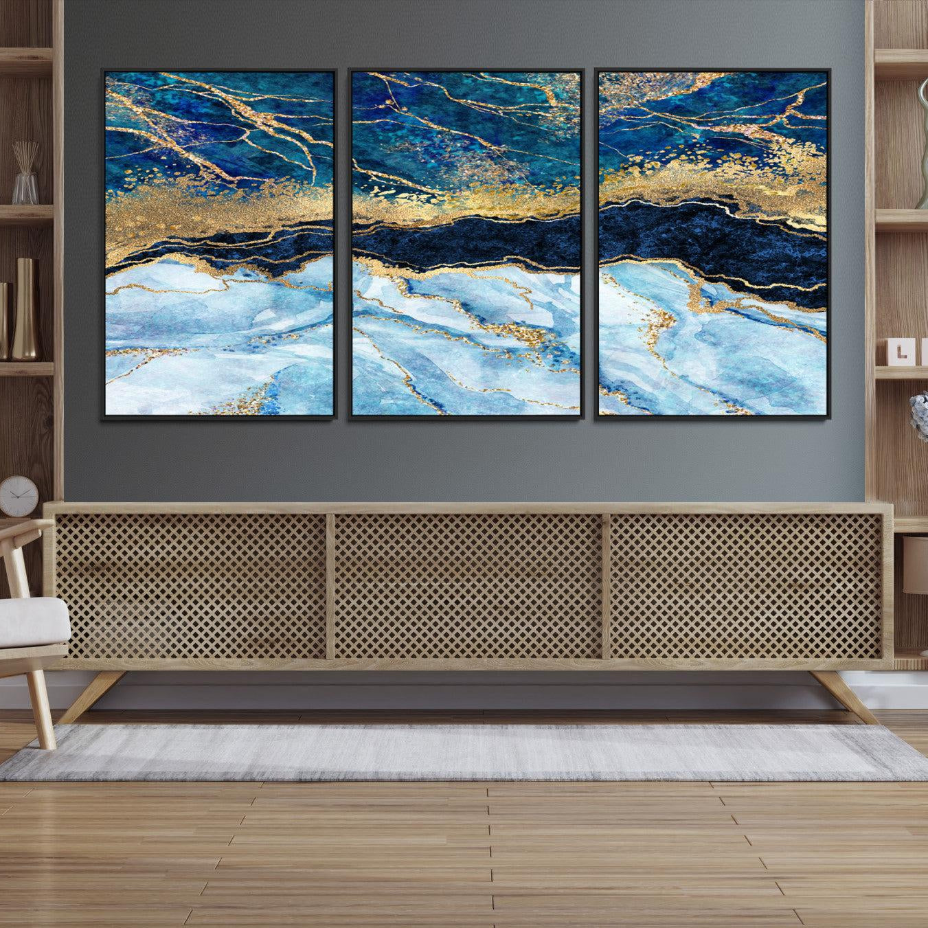 52988-MGV-CV-36X24-Abstract Blue and Gold Marble Canvas Print | 3-Panel Art for Living Room | Large Wall Decor