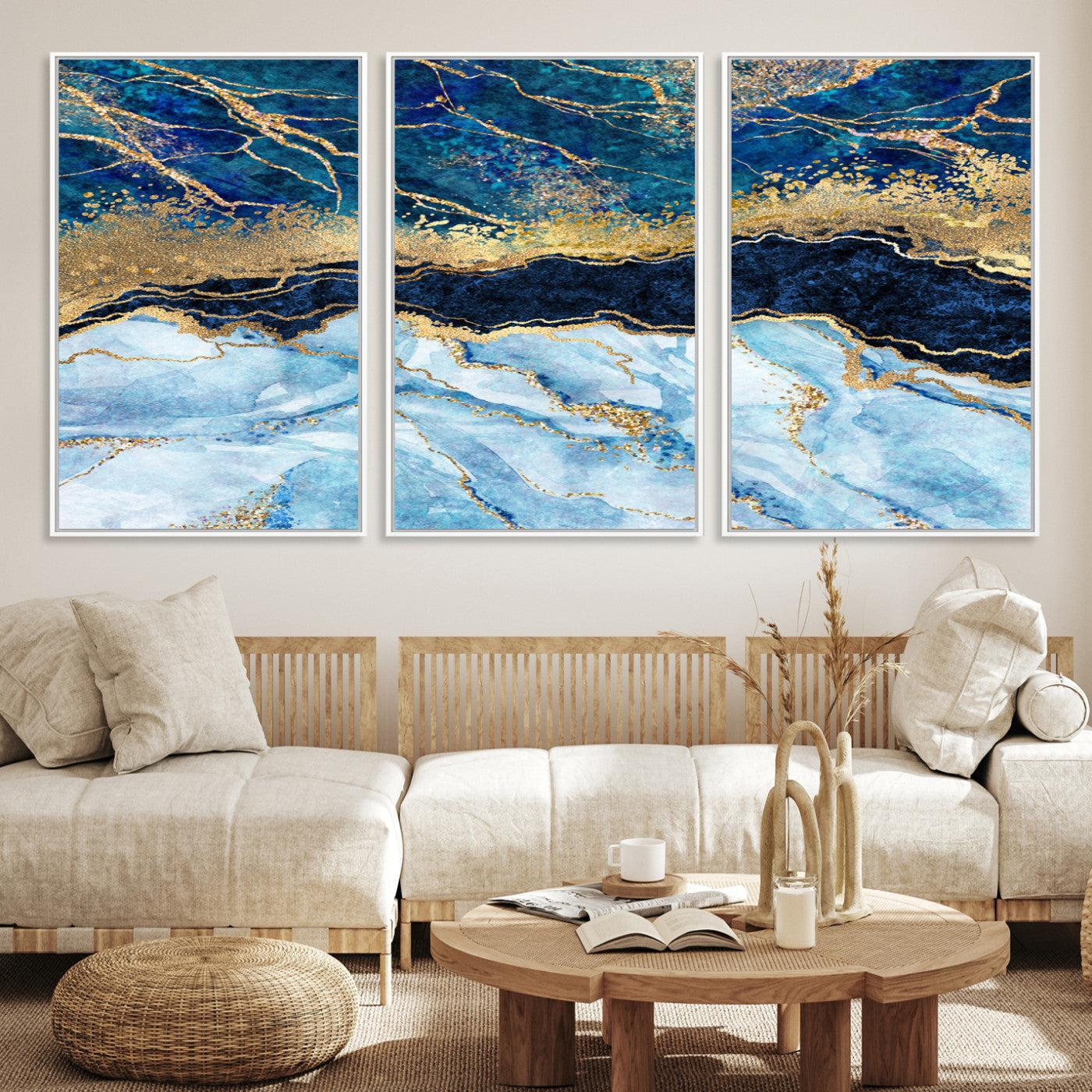 52988-MGV-CV-36X24-Abstract Blue and Gold Marble Canvas Print | 3-Panel Art for Living Room | Large Wall Decor