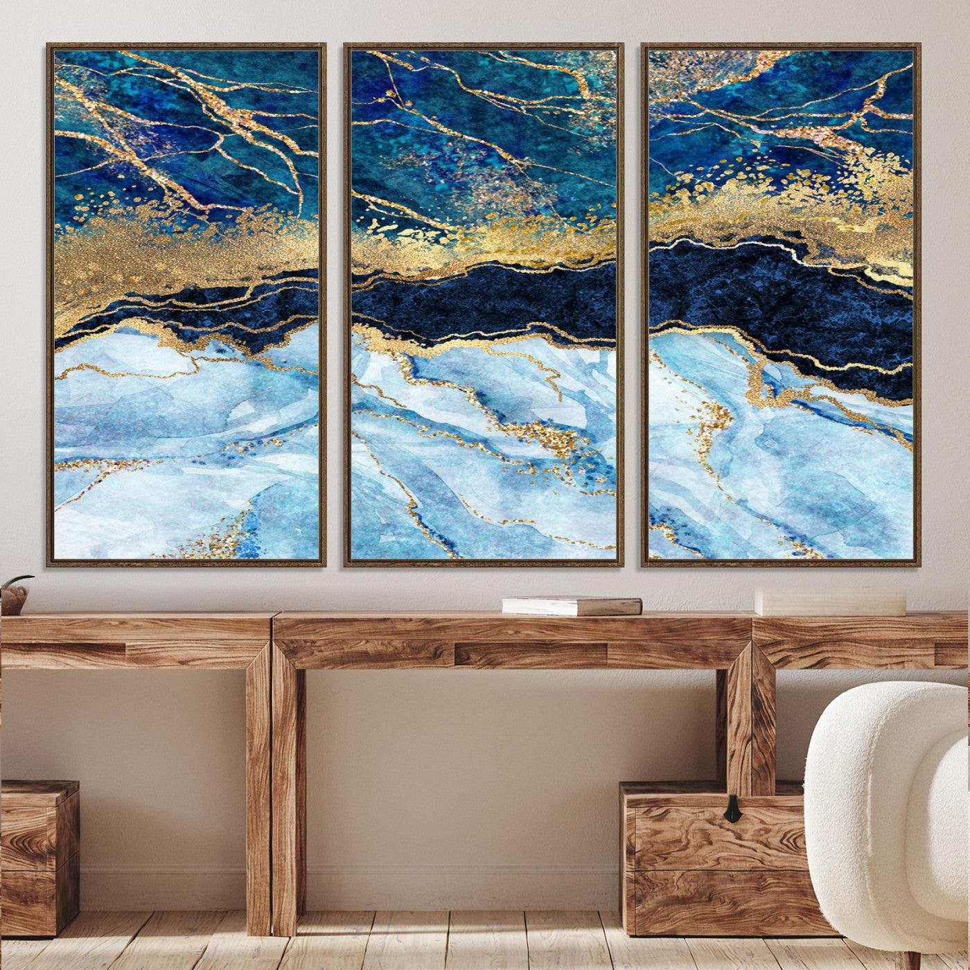 52988-MGV-CV-36X24-Abstract Blue and Gold Marble Canvas Print | 3-Panel Art for Living Room | Large Wall Decor