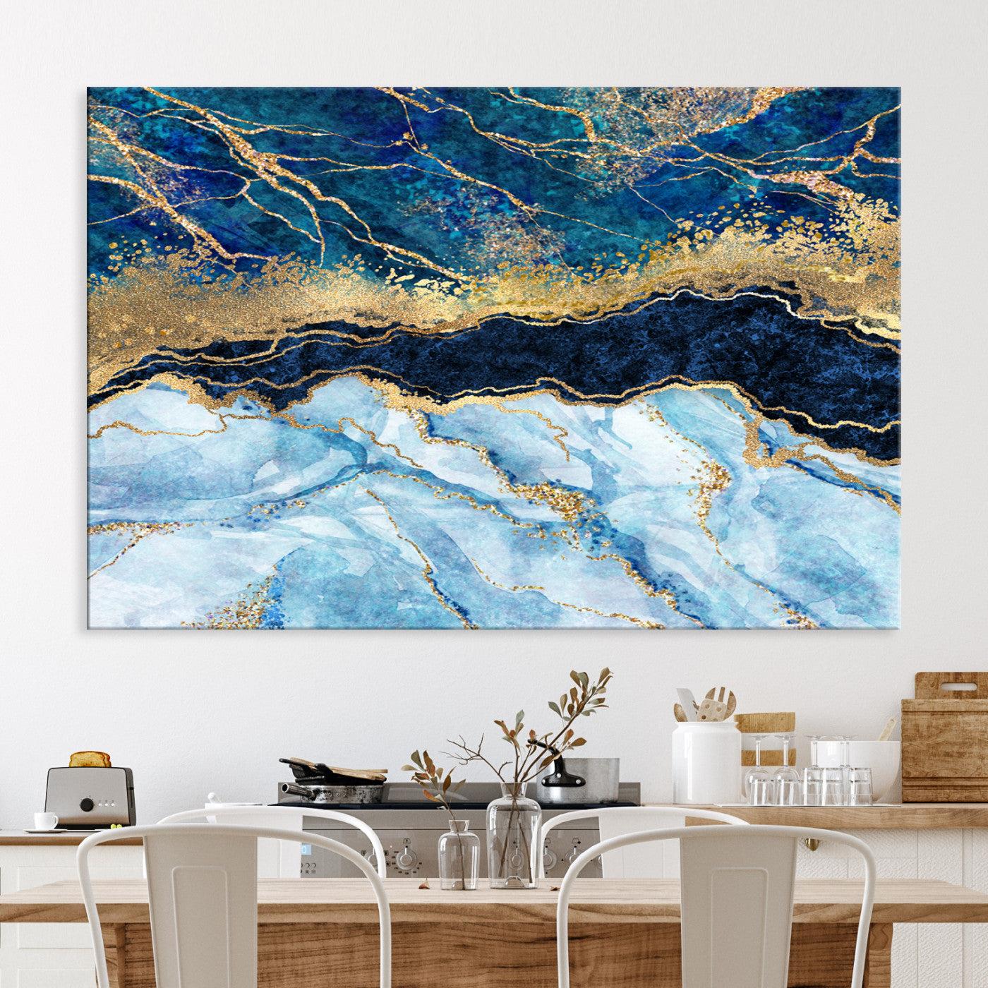 52988-MGV-CV-36X24-Abstract Blue and Gold Marble Canvas Print | 3-Panel Art for Living Room | Large Wall Decor