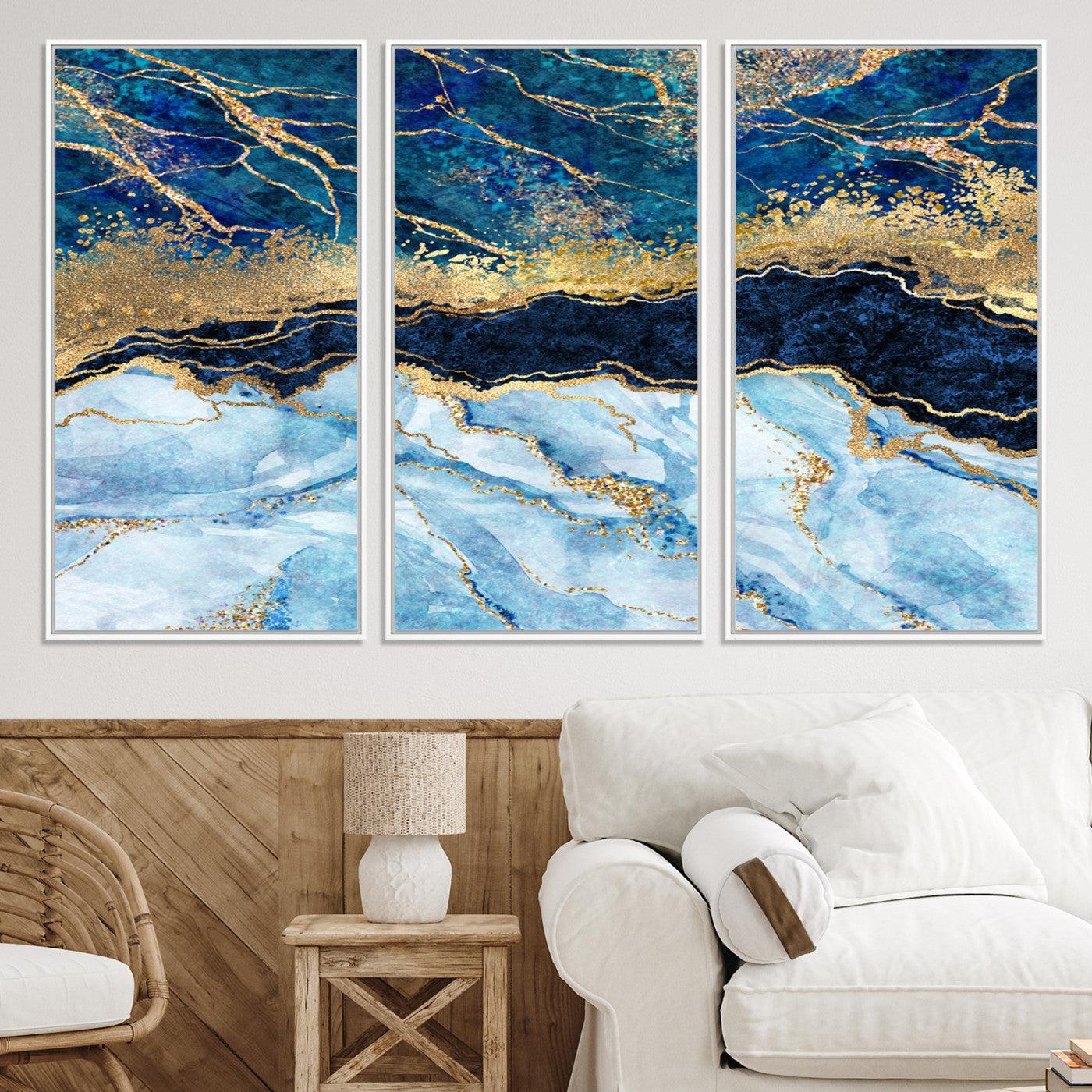 52988-MGV-CV-36X24-Abstract Blue and Gold Marble Canvas Print | 3-Panel Art for Living Room | Large Wall Decor