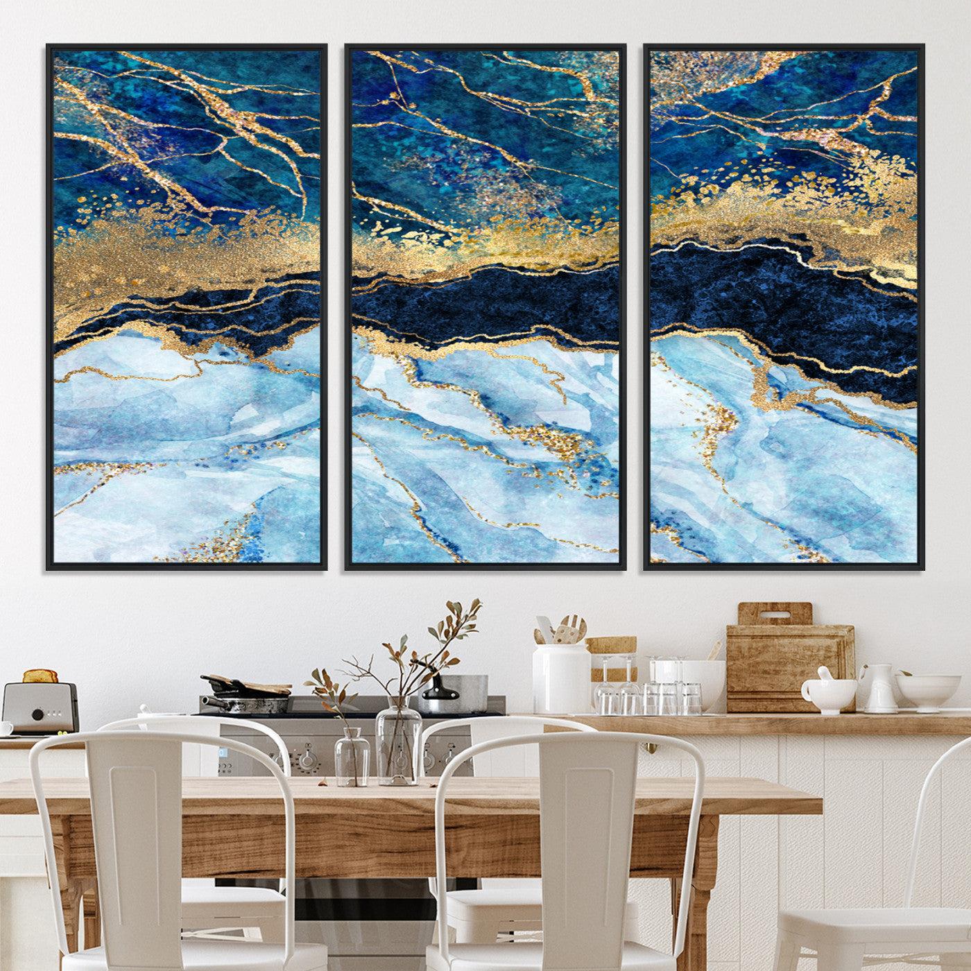 52988-MGV-CV-36X24-Abstract Blue and Gold Marble Canvas Print | 3-Panel Art for Living Room | Large Wall Decor