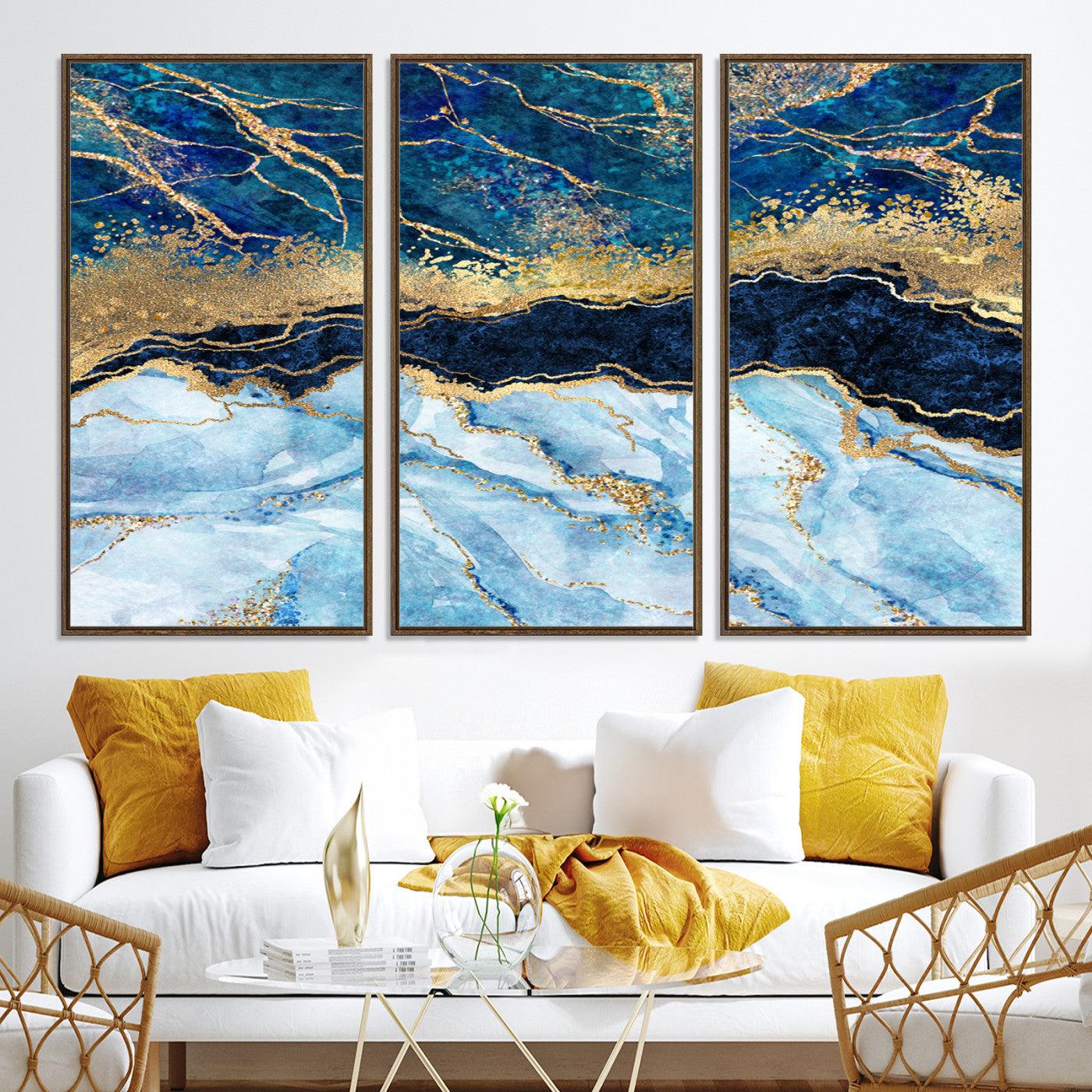 52988-MGV-CV-36X24-Abstract Blue and Gold Marble Canvas Print | 3-Panel Art for Living Room | Large Wall Decor