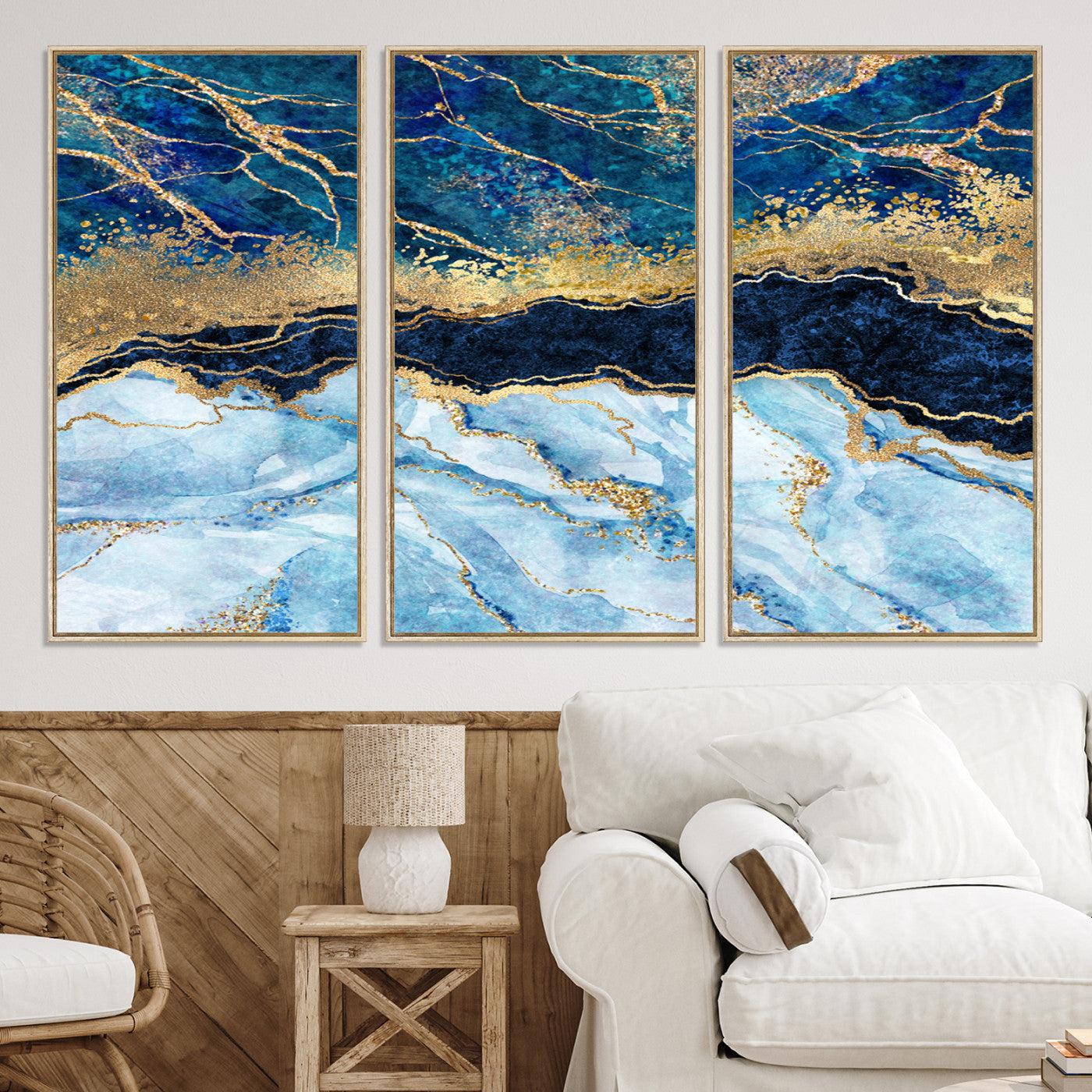 52988-MGV-CV-36X24-Abstract Blue and Gold Marble Canvas Print | 3-Panel Art for Living Room | Large Wall Decor
