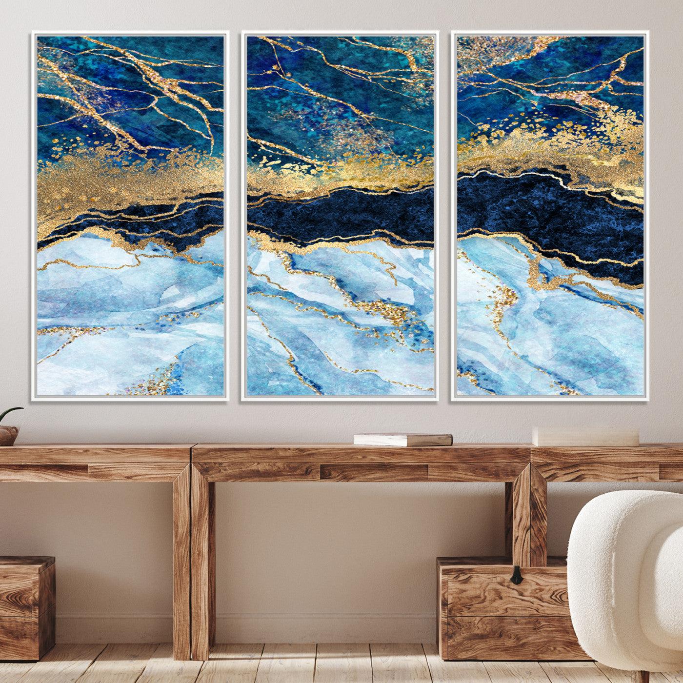 52988-MGV-CV-36X24-Abstract Blue and Gold Marble Canvas Print | 3-Panel Art for Living Room | Large Wall Decor