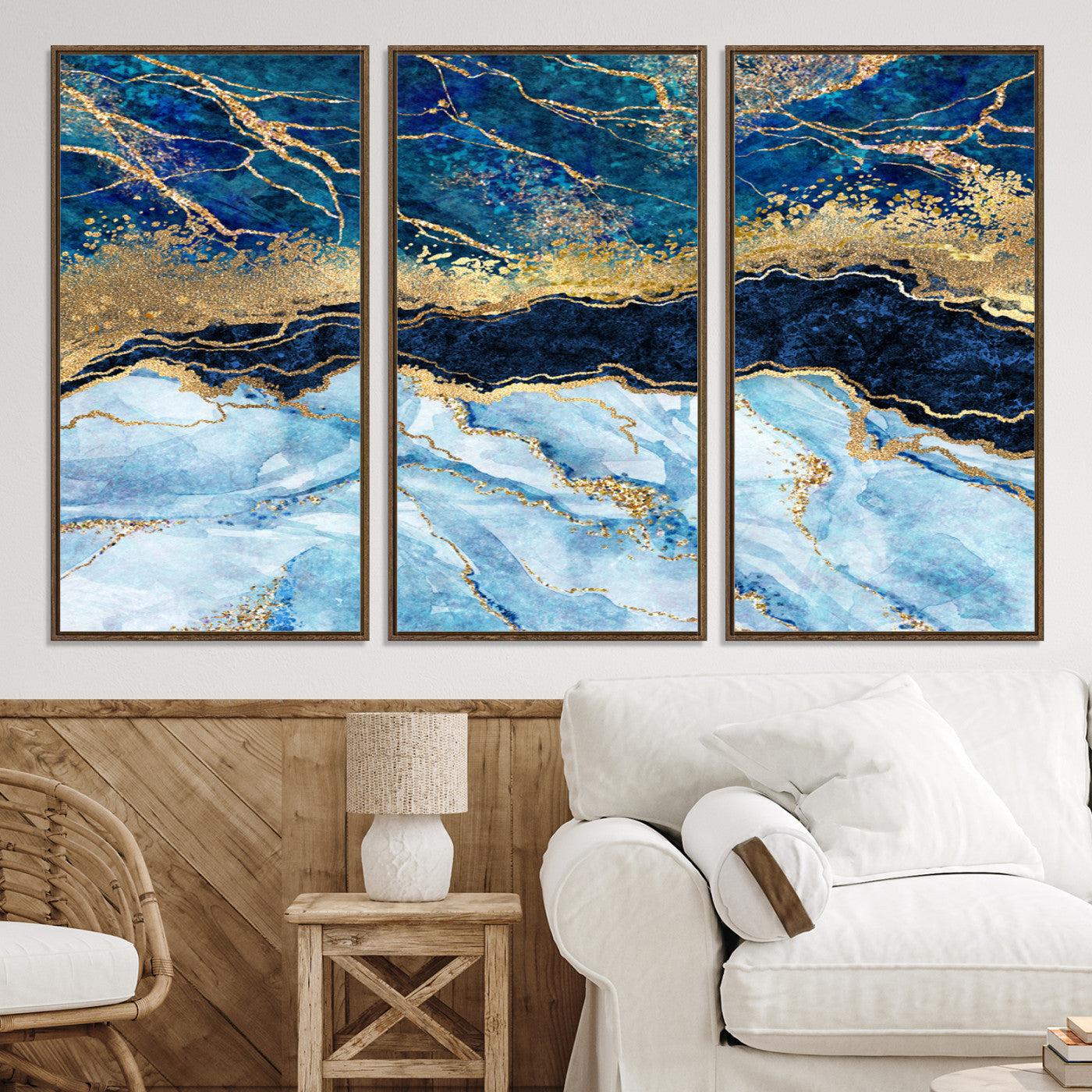 52988-MGV-CV-36X24-Abstract Blue and Gold Marble Canvas Print | 3-Panel Art for Living Room | Large Wall Decor