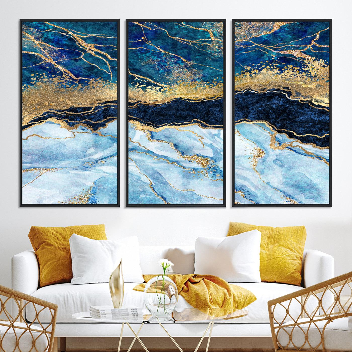 52988-MGV-CV-36X24-Abstract Blue and Gold Marble Canvas Print | 3-Panel Art for Living Room | Large Wall Decor