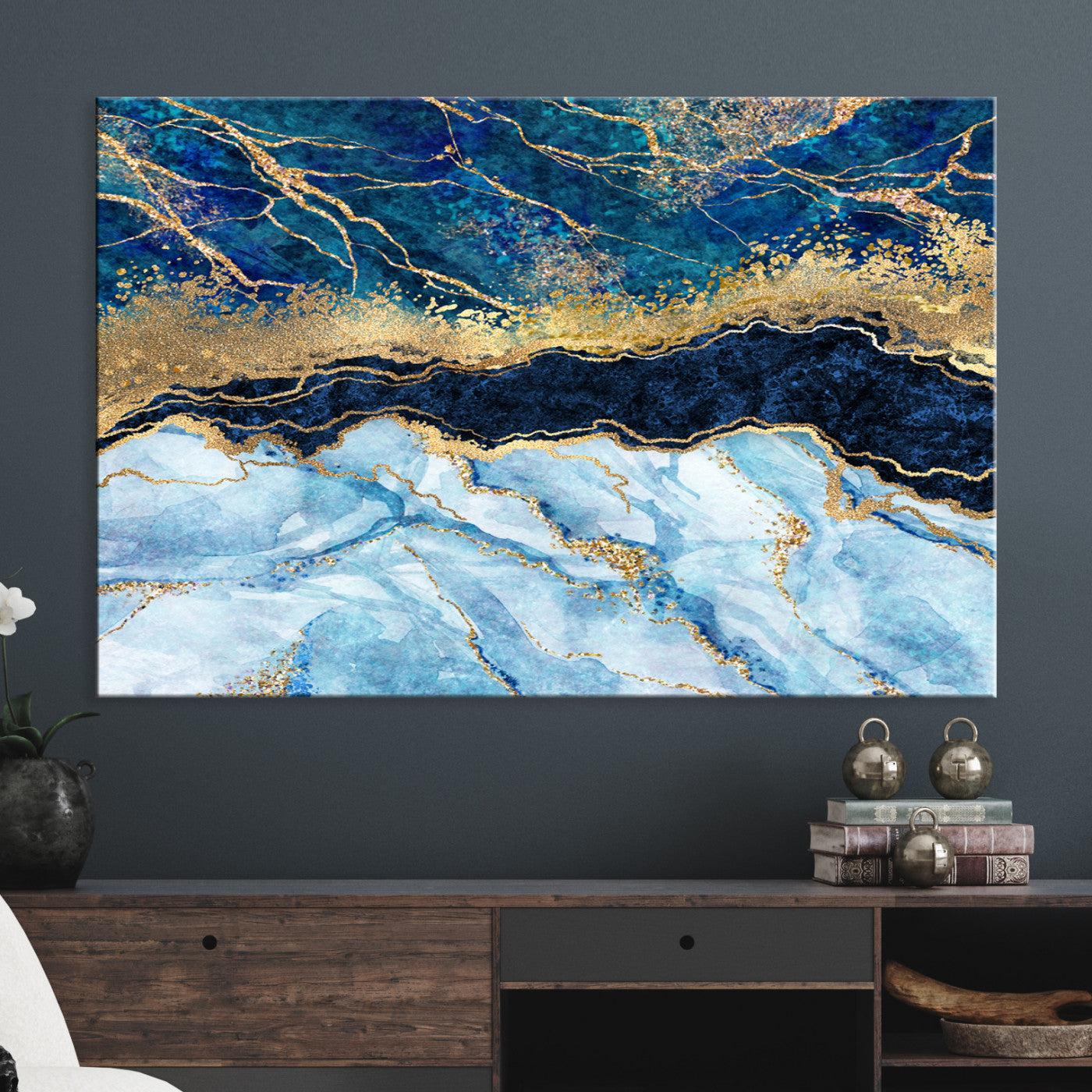 52988-MGV-CV-36X24-Abstract Blue and Gold Marble Canvas Print | 3-Panel Art for Living Room | Large Wall Decor