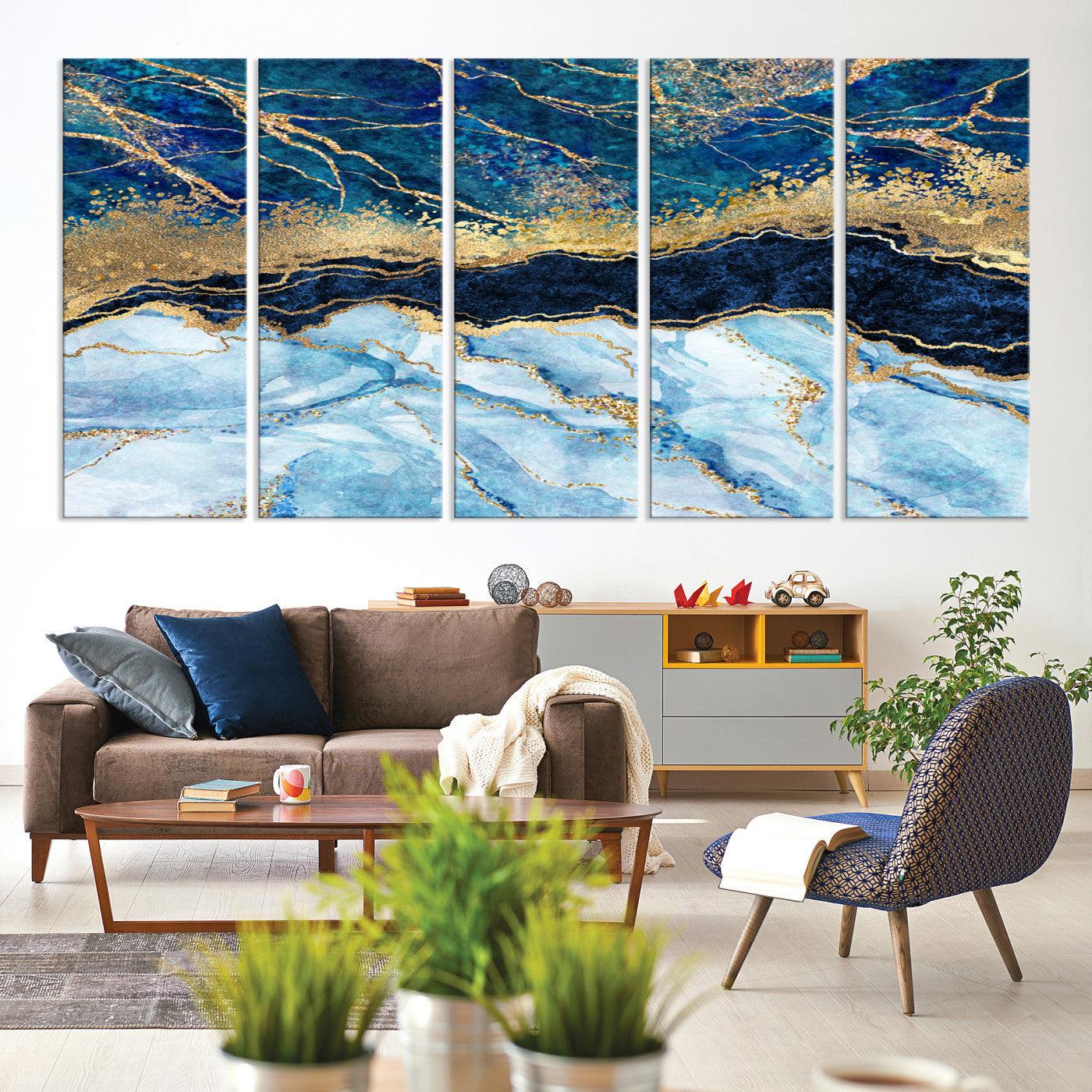 52988-MGV-CV-36X24-Abstract Blue and Gold Marble Canvas Print | 3-Panel Art for Living Room | Large Wall Decor