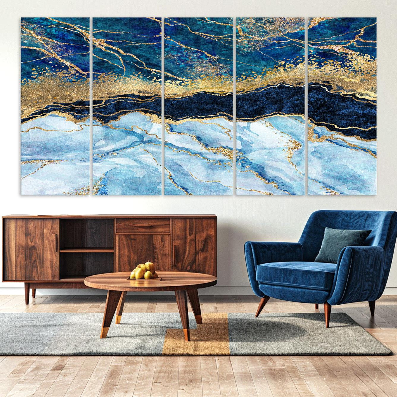 52988-MGV-CV-36X24-Abstract Blue and Gold Marble Canvas Print | 3-Panel Art for Living Room | Large Wall Decor