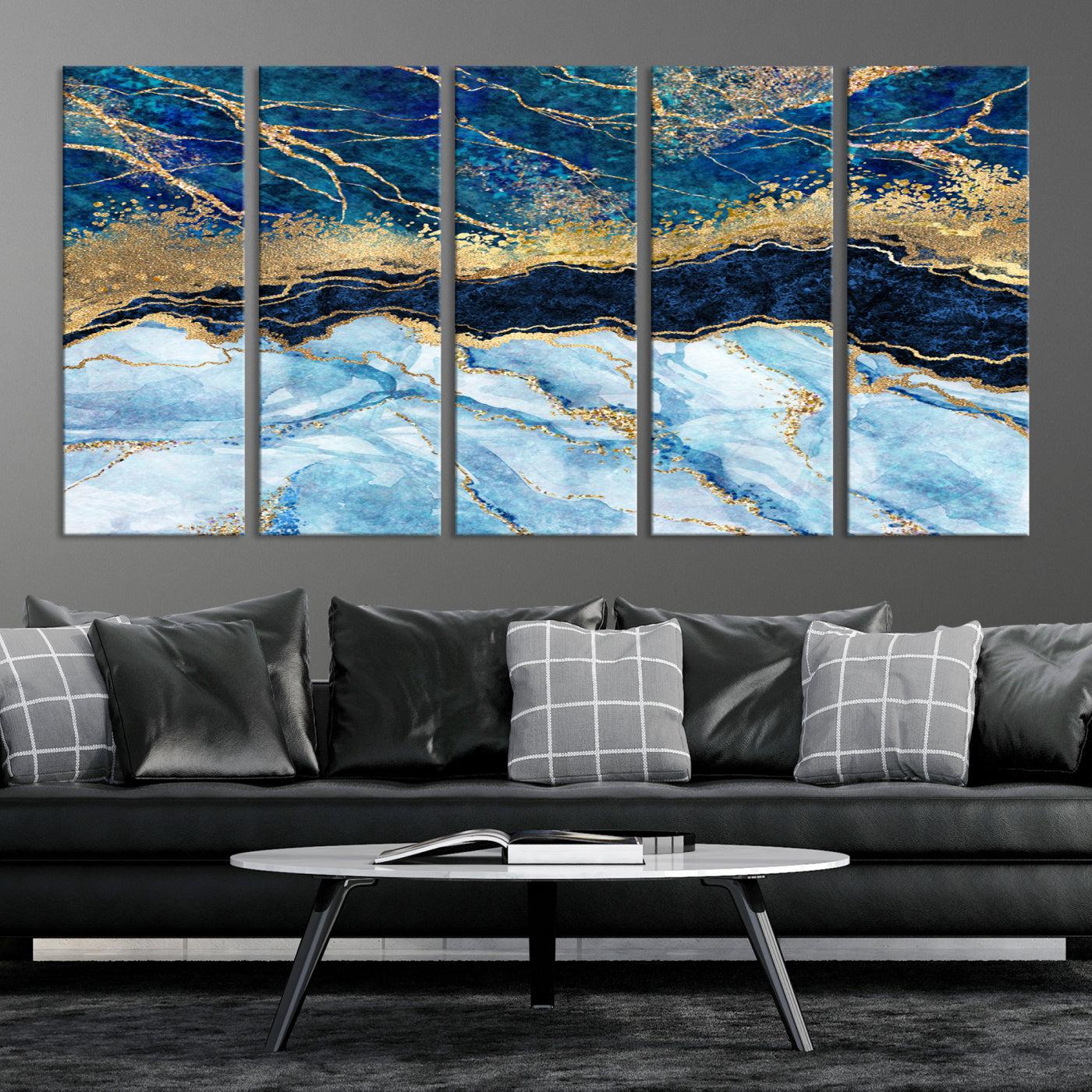 52988-MGV-CV-36X24-Abstract Blue and Gold Marble Canvas Print | 3-Panel Art for Living Room | Large Wall Decor