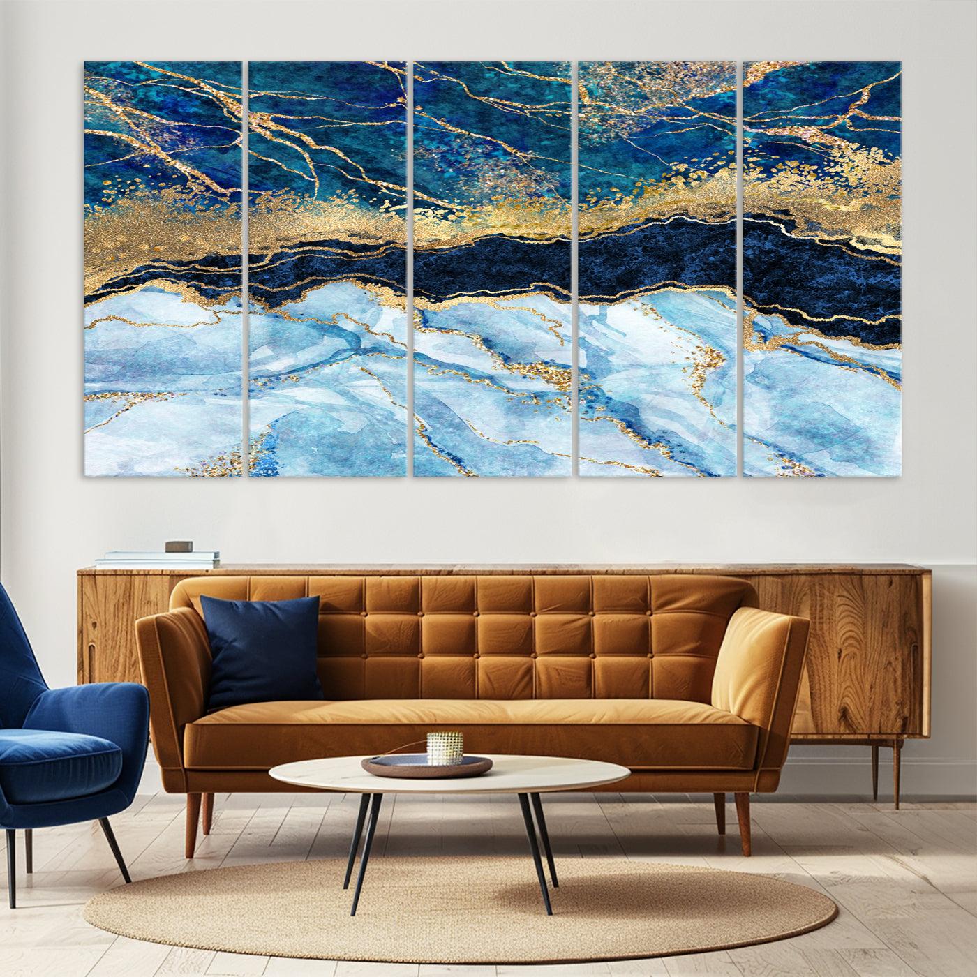 52988-MGV-CV-36X24-Abstract Blue and Gold Marble Canvas Print | 3-Panel Art for Living Room | Large Wall Decor