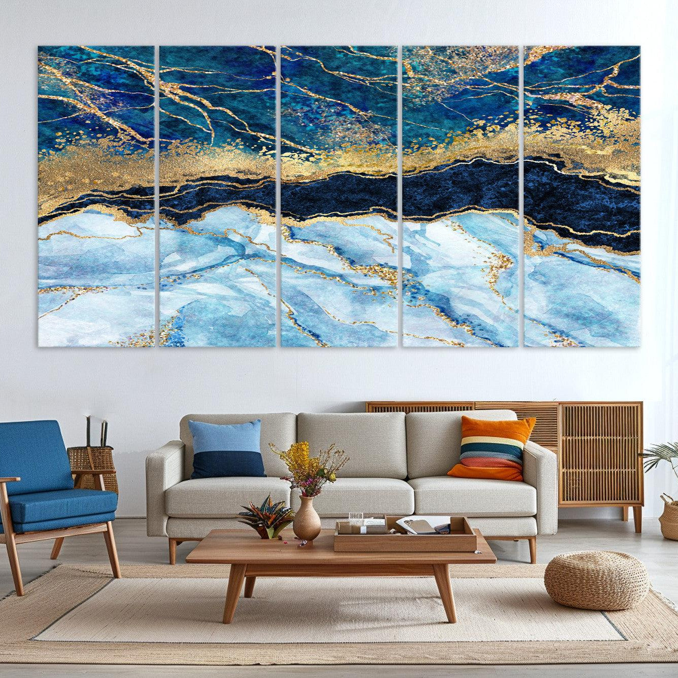 52988-MGV-CV-36X24-Abstract Blue and Gold Marble Canvas Print | 3-Panel Art for Living Room | Large Wall Decor