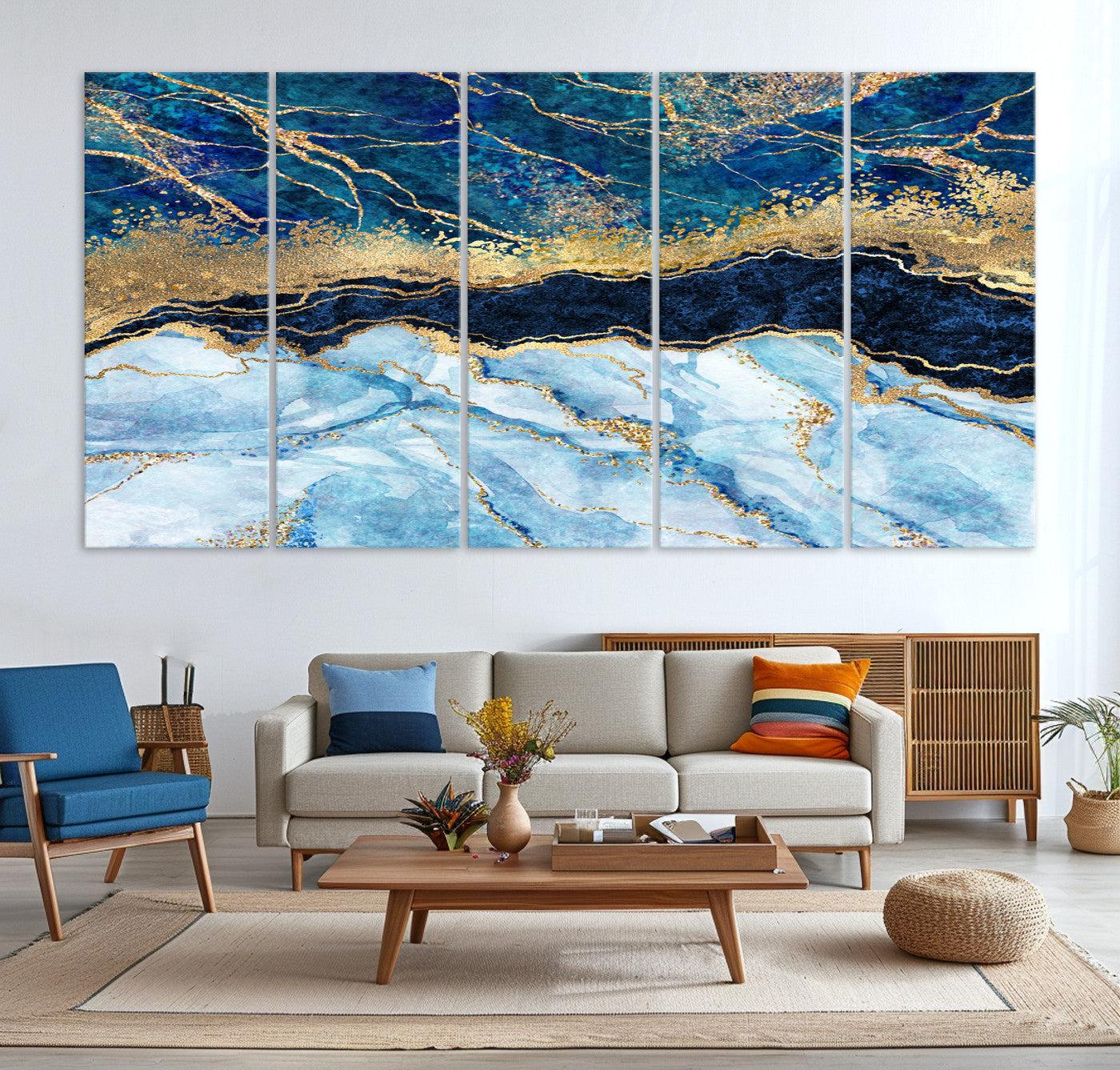 52988-MGV-CV-36X24-Abstract Blue and Gold Marble Canvas Print | 3-Panel Art for Living Room | Large Wall Decor