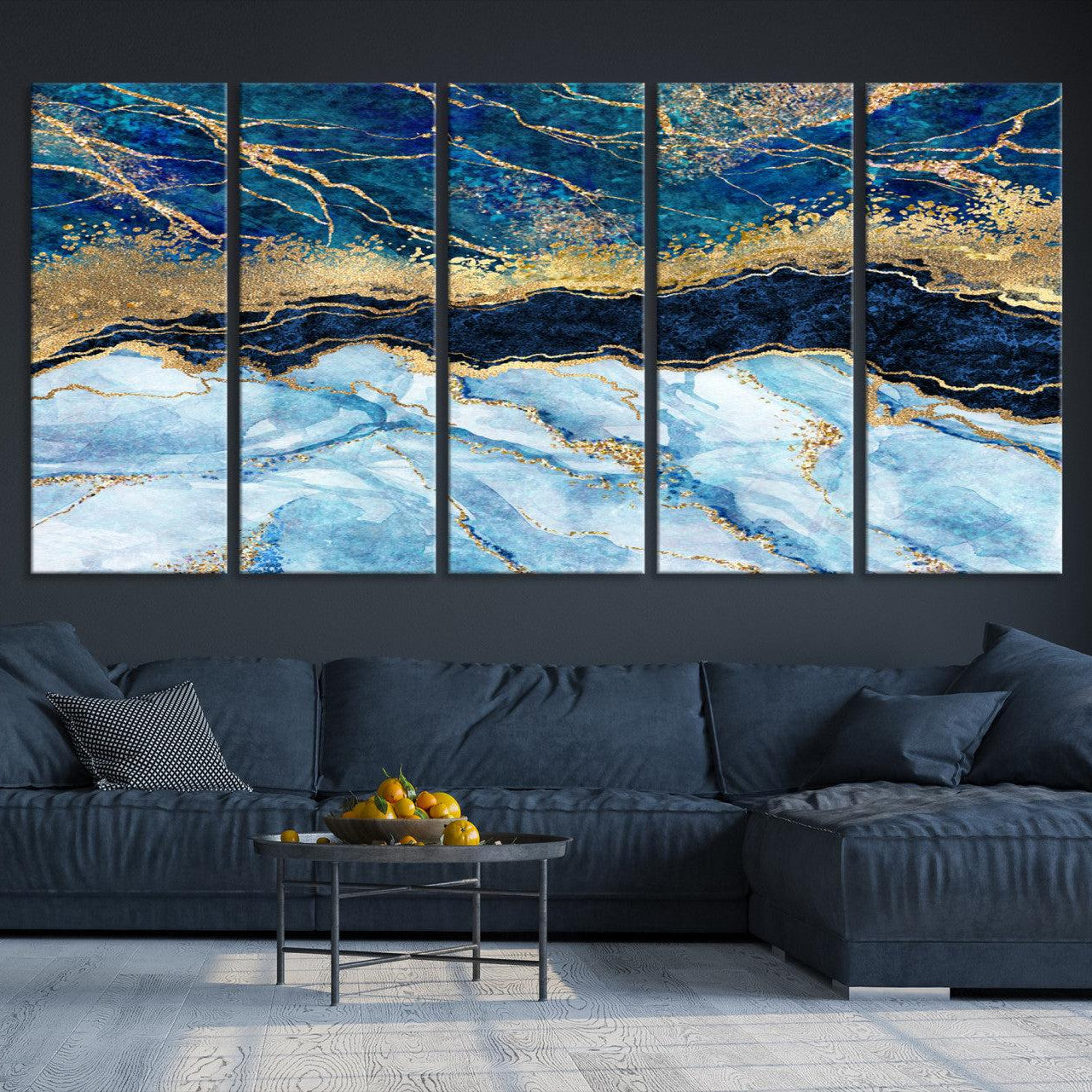 52988-MGV-CV-36X24-Abstract Blue and Gold Marble Canvas Print | 3-Panel Art for Living Room | Large Wall Decor