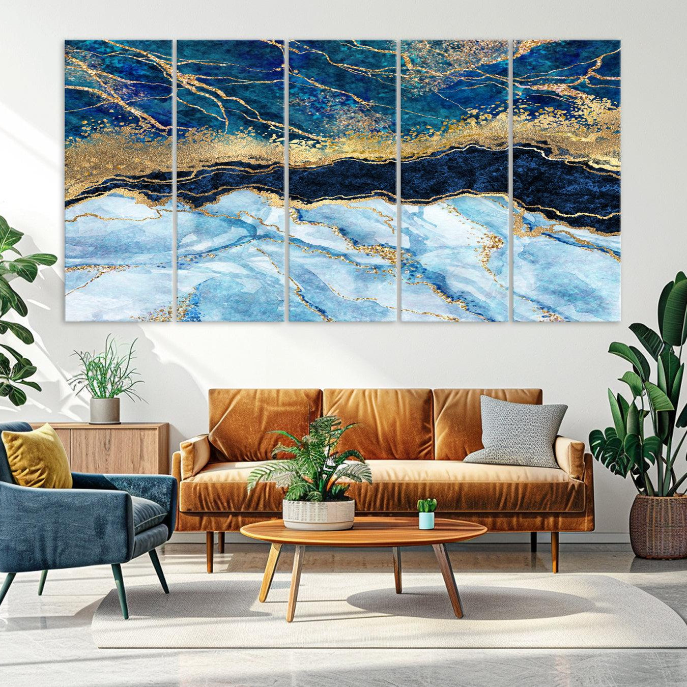 52988-MGV-CV-36X24-Abstract Blue and Gold Marble Canvas Print | 3-Panel Art for Living Room | Large Wall Decor