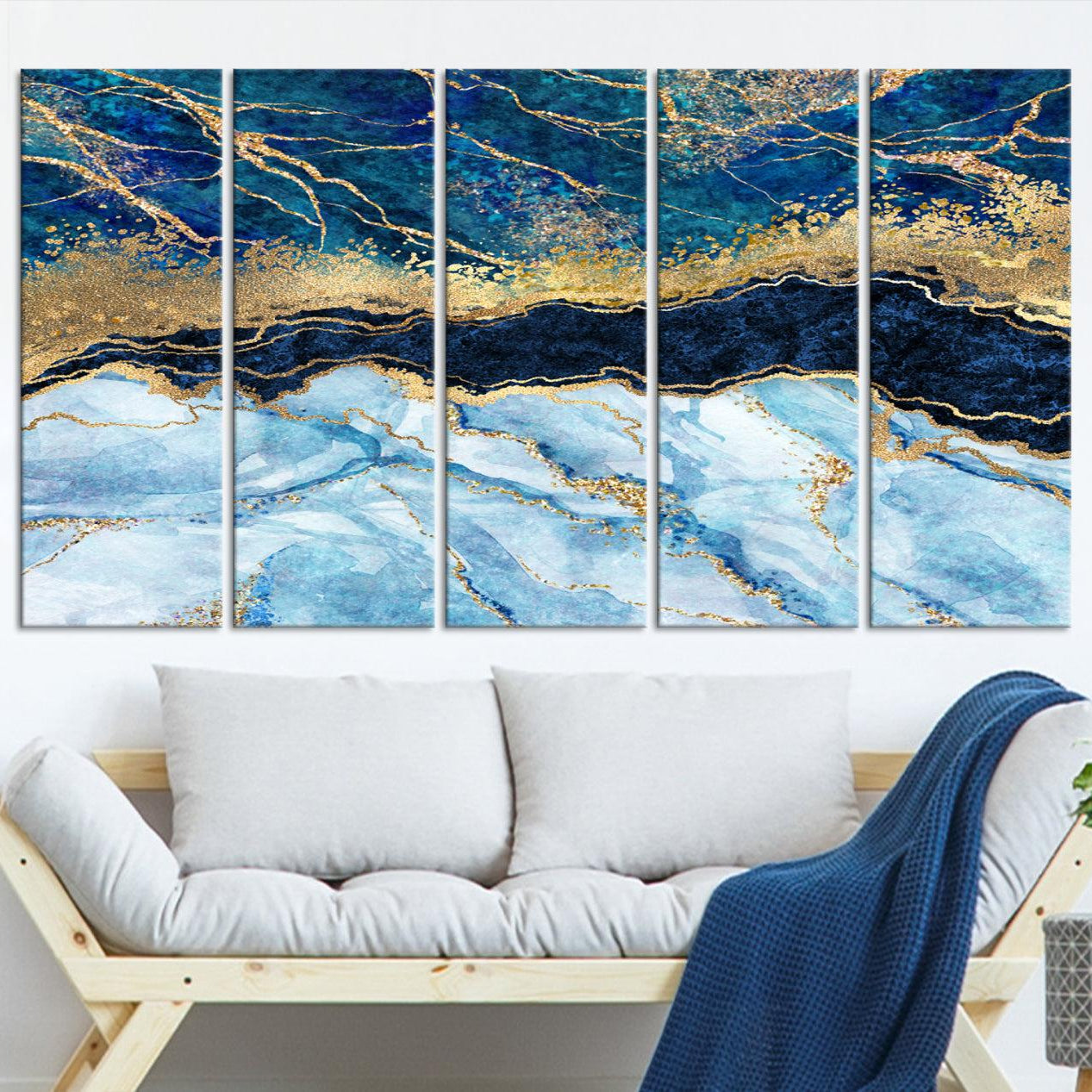52988-MGV-CV-36X24-Abstract Blue and Gold Marble Canvas Print | 3-Panel Art for Living Room | Large Wall Decor