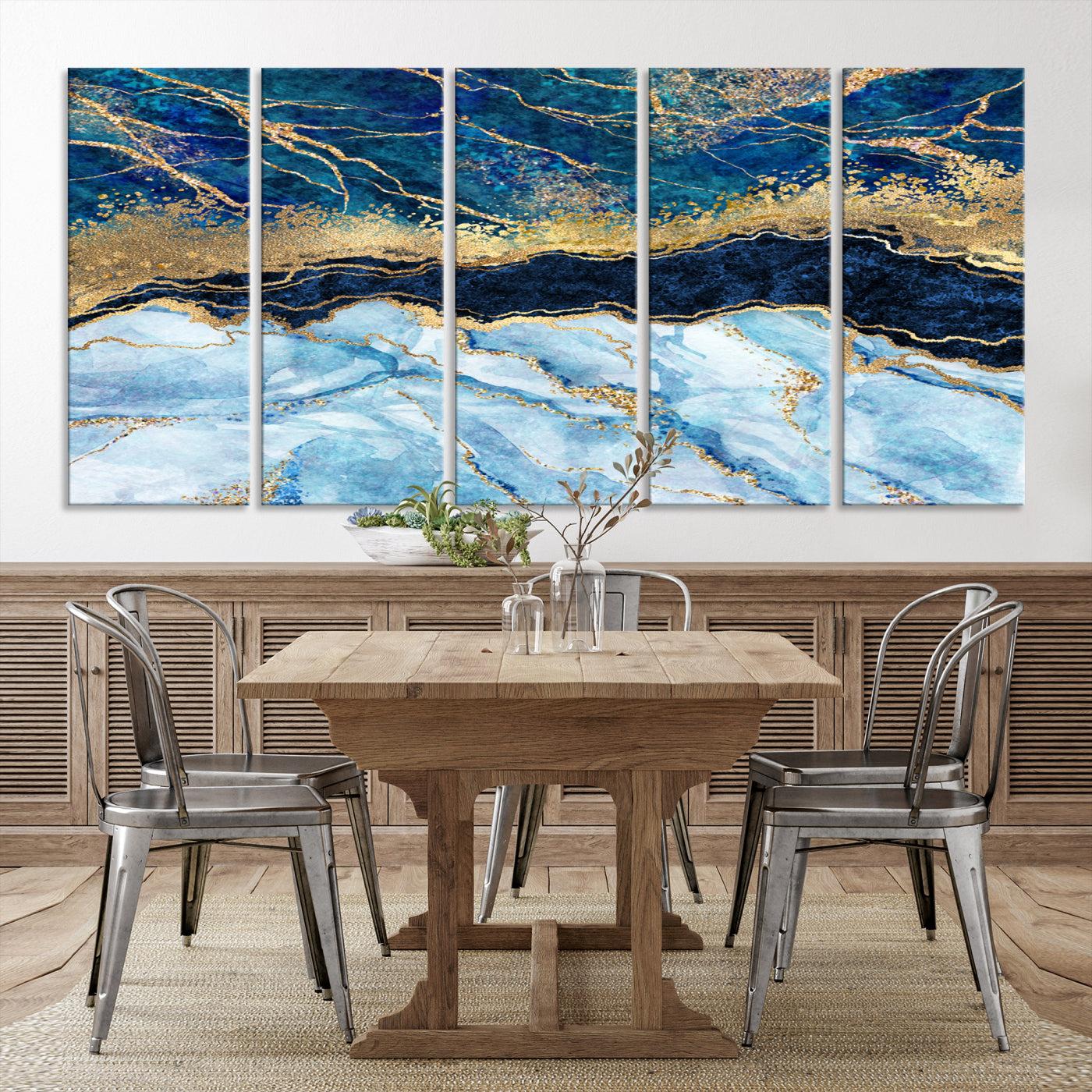 52988-MGV-CV-36X24-Abstract Blue and Gold Marble Canvas Print | 3-Panel Art for Living Room | Large Wall Decor