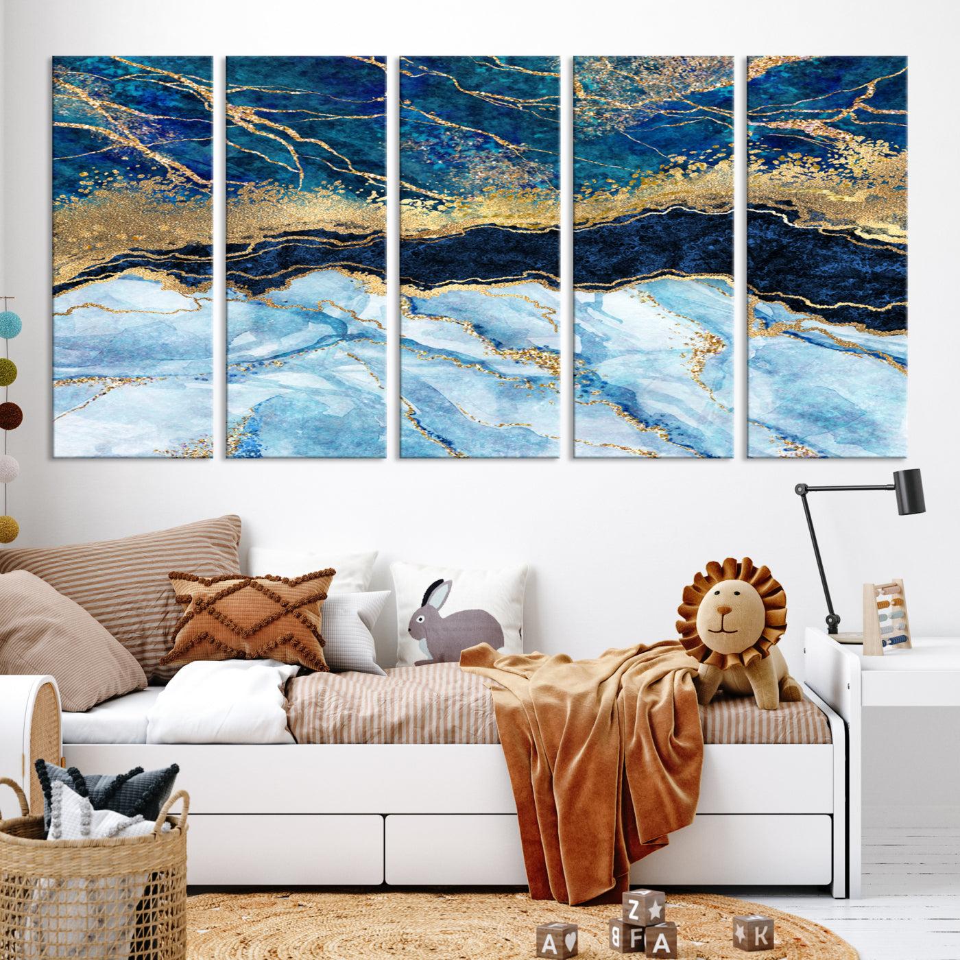 52988-MGV-CV-36X24-Abstract Blue and Gold Marble Canvas Print | 3-Panel Art for Living Room | Large Wall Decor